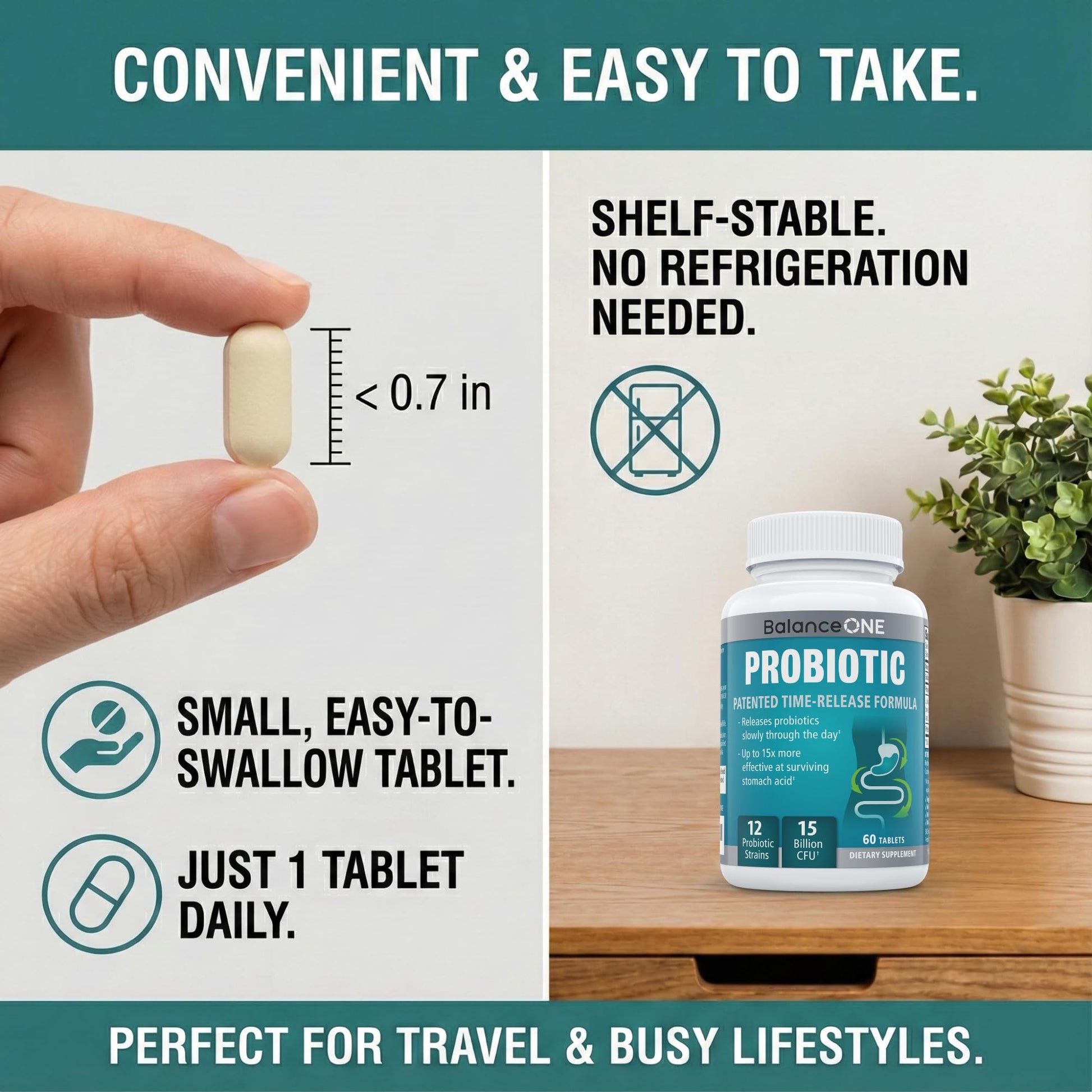 Balance ONE Time Release Probiotic – 15 Billion CFU – 12 Strains Including L. Plantarum – 15x More Survival Than Capsules – Bloating & Gas Relief – Gut & Digestive Health for Women & Men – 60 Tablets Balance ONEAu supplements