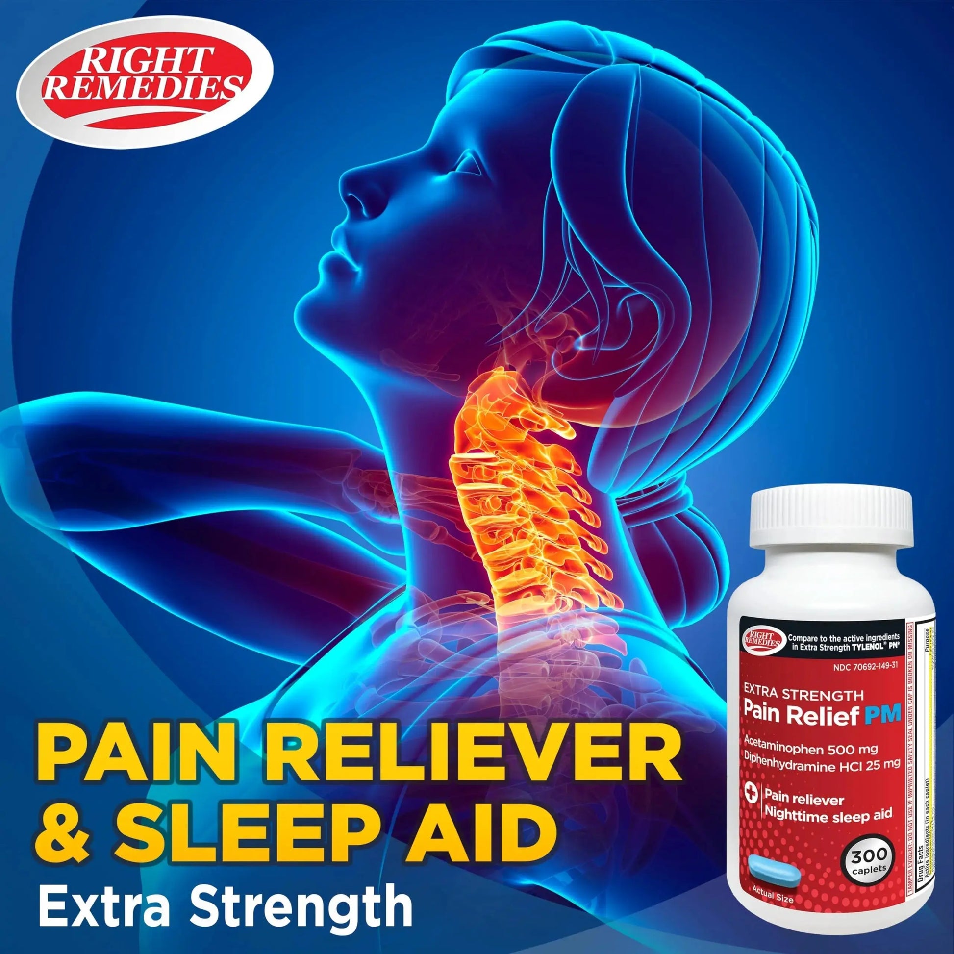 Right Remedies Extra Strength Pain Relief PM & Nighttime Sleep Aid Caplets,(300 count), Acetaminophen 500 mg & Diphenhydramine HCl 25 mg, Non-Habit Forming, Compare to Active ingredients of Tylenol PM RIGHT REMEDIESAu supplements
