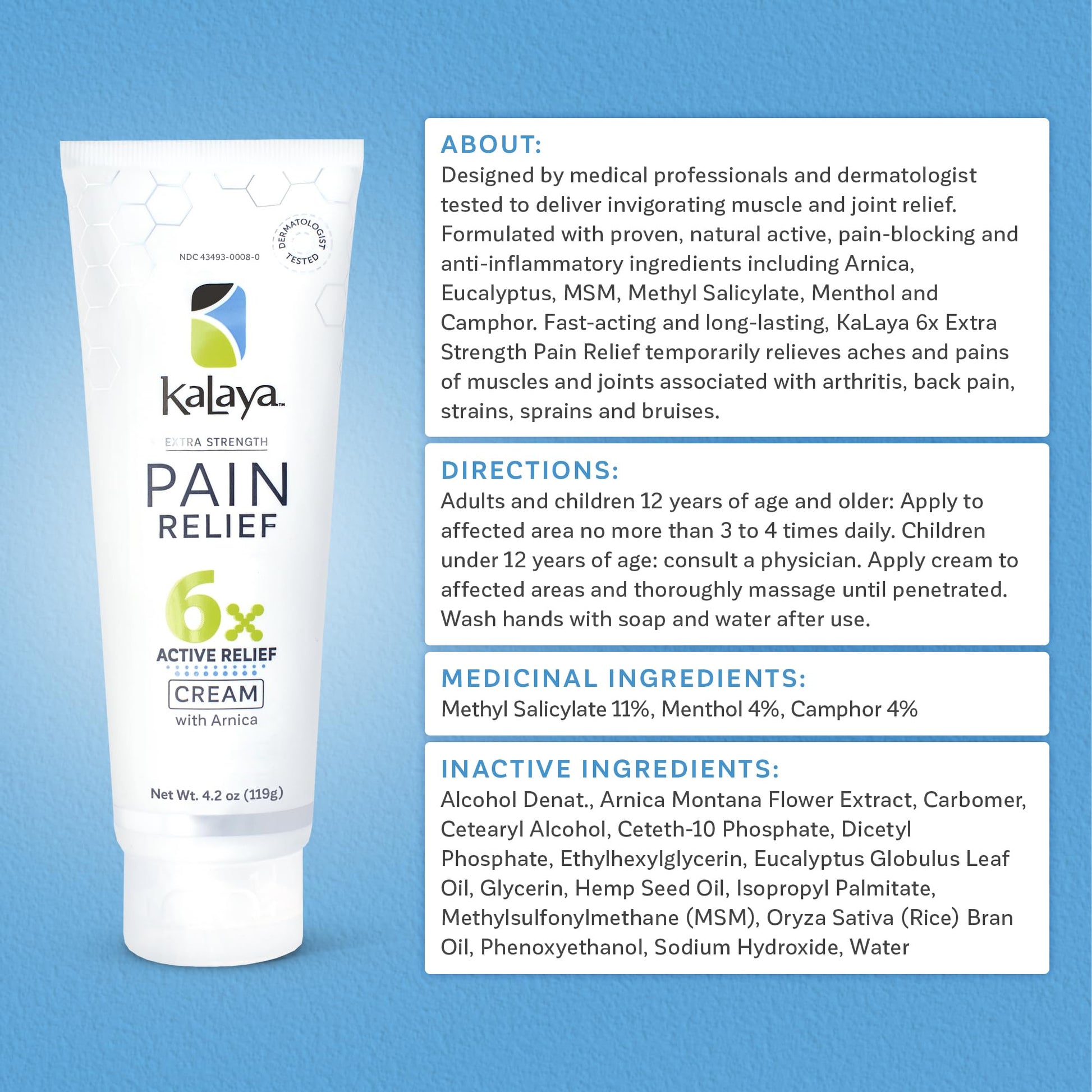 Kalaya Pain Relief Cream with Arnica for Muscles and Joints – 6 Natural Active Ingredients with Long Lasting and Fast Acting Relief in 3 Minutes - Dermatologist Tested to Soothe Tension - 4.2 oz Kalaya NaturalsAu supplements