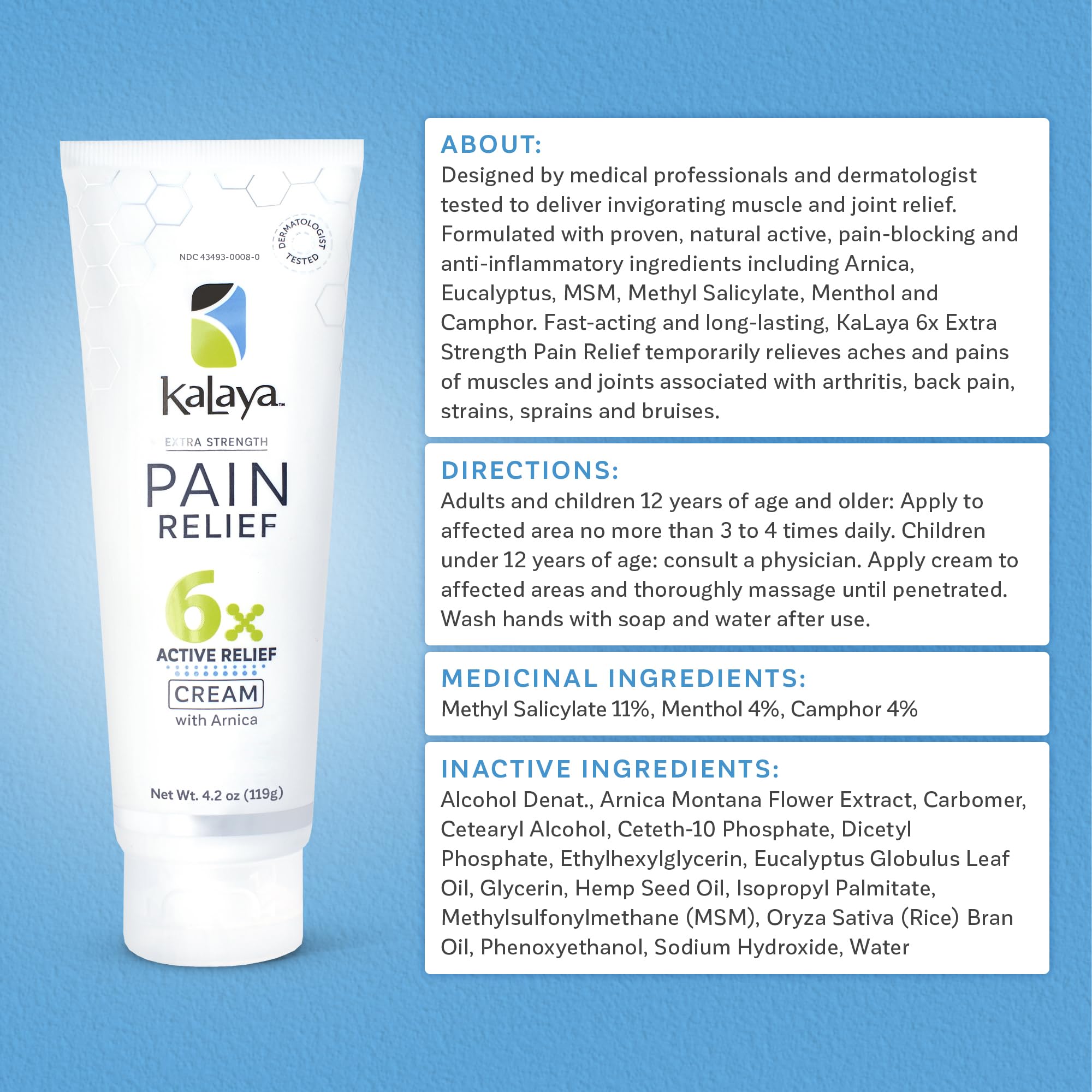 Kalaya Pain Relief Cream with Arnica for Muscles and Joints – 6 Natural Active Ingredients with Long Lasting and Fast Acting Relief in 3 Minutes - Dermatologist Tested to Soothe Tension - 4.2 oz Kalaya NaturalsAu supplements