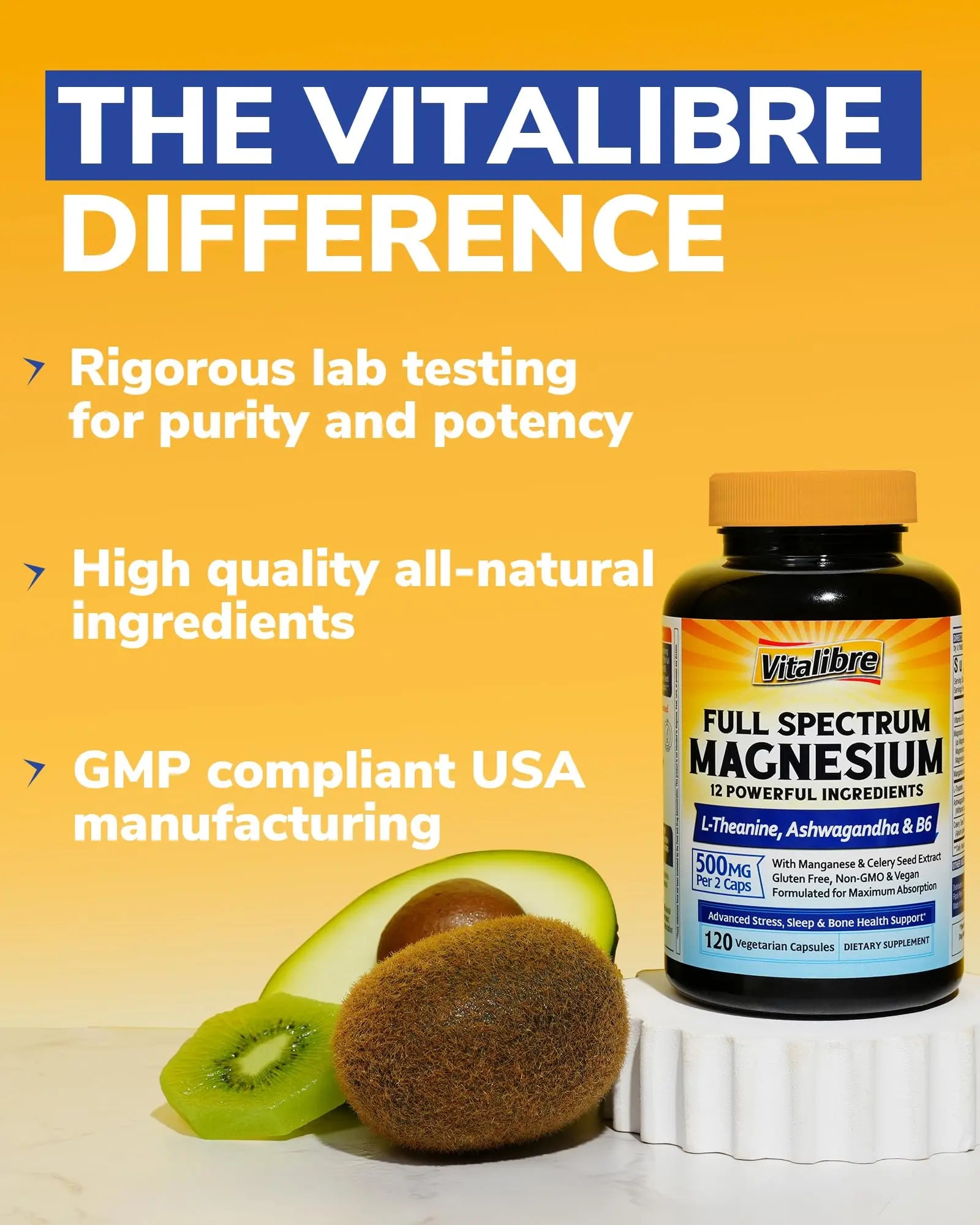 Vitalibre Magnesium Complex Supplement 500mg + Ashwagandha, L-Theanine, Vitamin B6 & Celery, High Absorption Magnesium Glycinate, Citrate, Malate, Sleep & Bone Support, 120 Vegan Capsules Vitalibrenz supplements