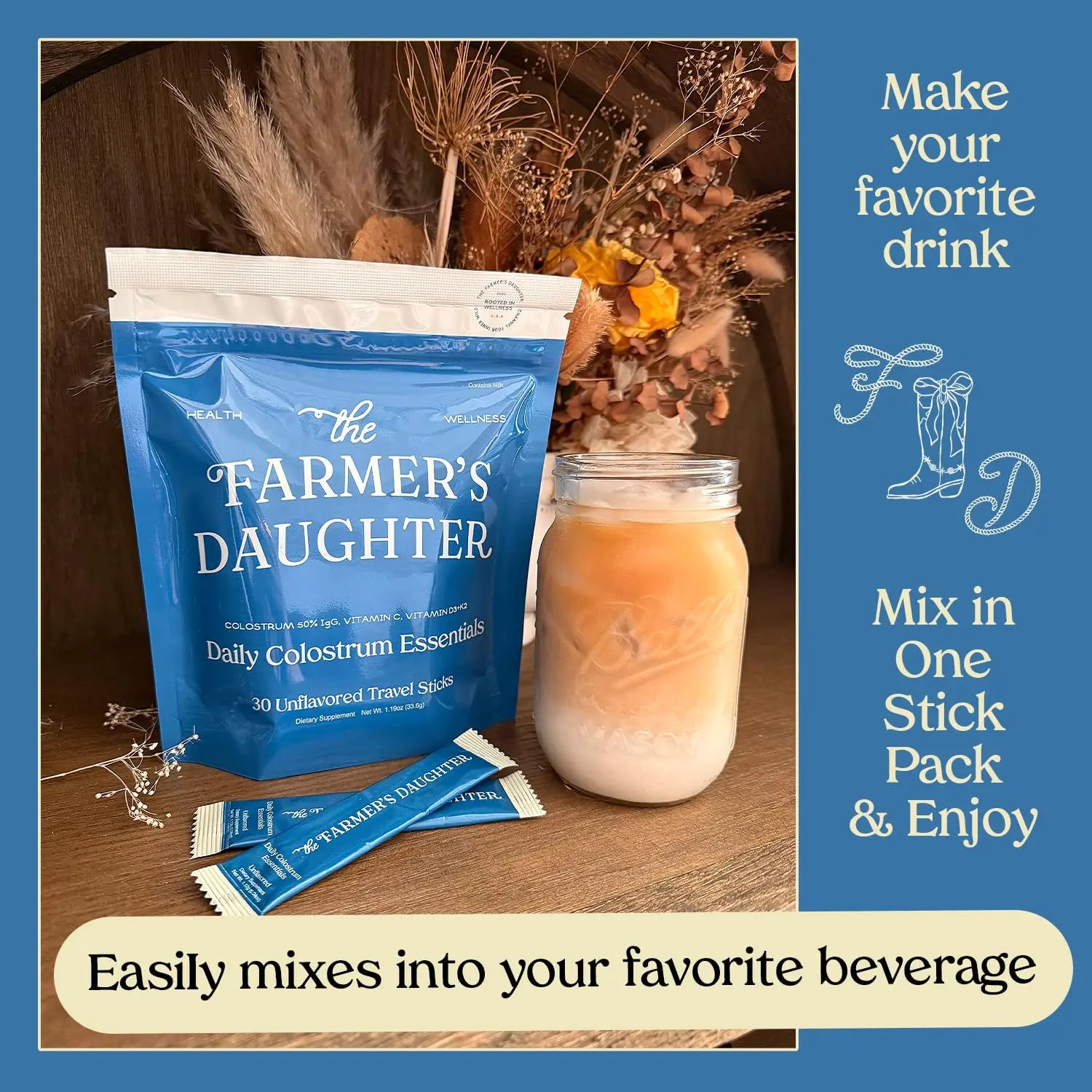 THE FARMER'S DAUGHTER Colostrum Powder | Unflavored | Gut Health & Bloating | Hair, Skin & Nails | Immunity Supplement | 30 Individual Travel Stick Packs THE FARMER'S DAUGHTERnz supplements