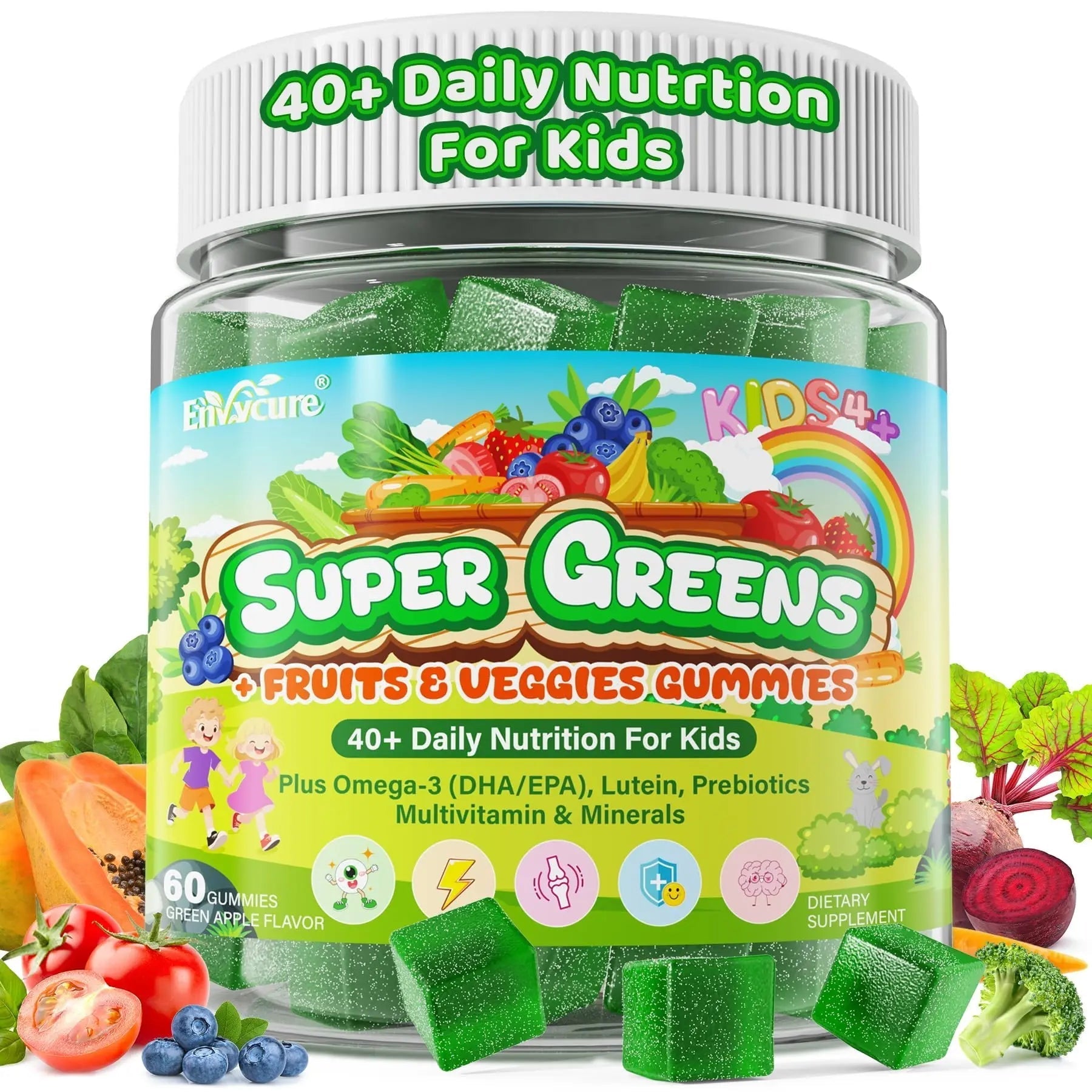Kids Super Greens Gummies, w/Multivitamins, Spirulina, Chlorella, Spinach, Broccoli, Calcium, Omega-3 (DHA/EPA) EnvyCureAu supplements