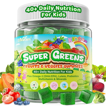 Kids Super Greens Gummies, w/Multivitamins, Spirulina, Chlorella, Spinach, Broccoli, Calcium, Omega-3 (DHA/EPA) EnvyCureAu supplements