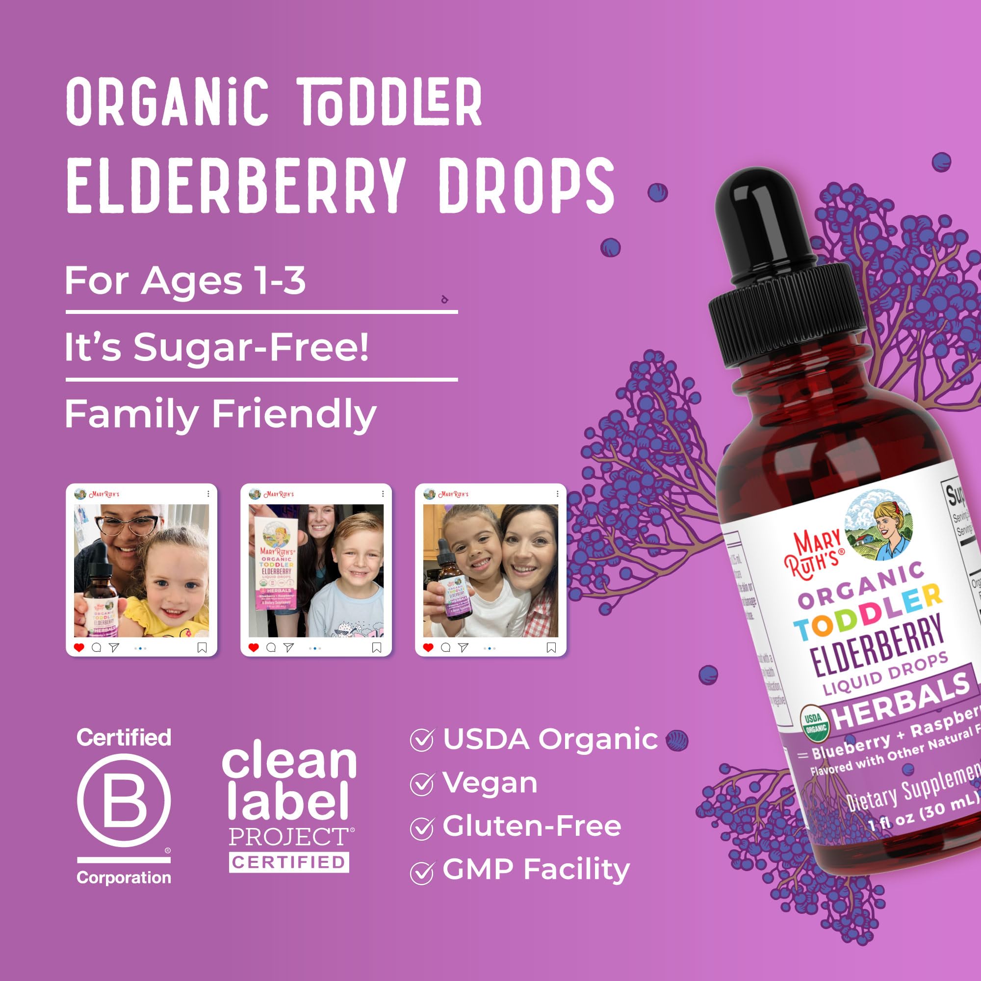 MaryRuth Organics Toddler Elderberry Syrup, USDA Organic Elderberry, Sugar Free Kids Immune Support Supplement for Ages 1-3 Years, Clean Label Project Verified®, Vegan, Non-GMO, Gluten Free, 1 Fl Oz MARYRUTH'SUS supplements