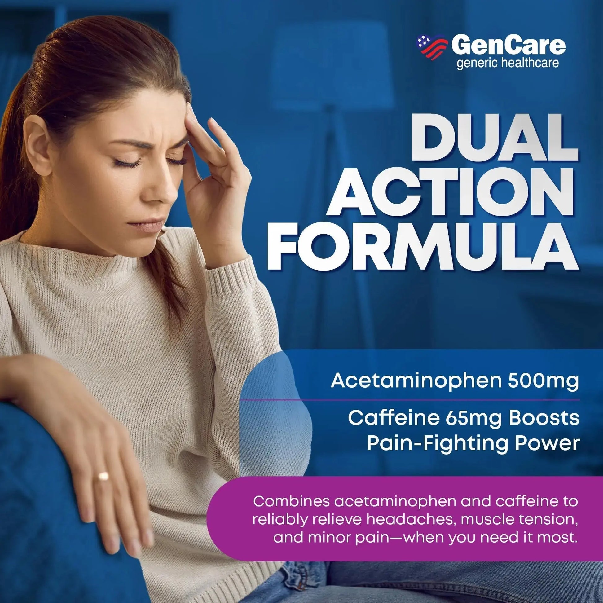 GenCare - Tension Headache Relief Pain Reliever with Acetaminophen 500 mg & Caffeine 65 mg (200 Caplets) Best Value Bulk Extra Strength for Head, Migraine, Joint Pain & Body Ache Relief Medicine GenCareAu supplements