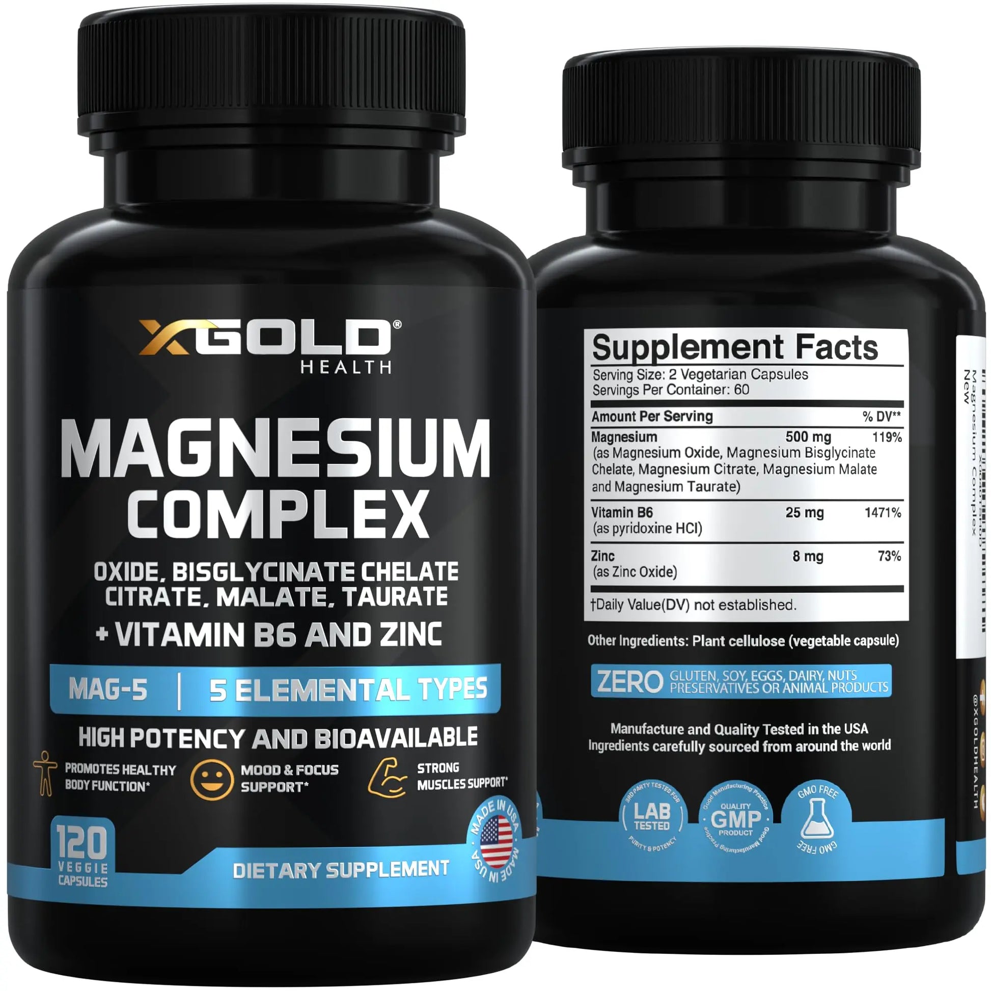 X Gold Health Magnesium Complex 5-in-1 with Zinc & B6 High Absorption Capsules (Glycinate, Citrate, Malate, Taurate, Oxide) Muscle Recovery, Energy, Sleep Support & Immune Health 500mg Made in USA X Gold Healthnz supplements