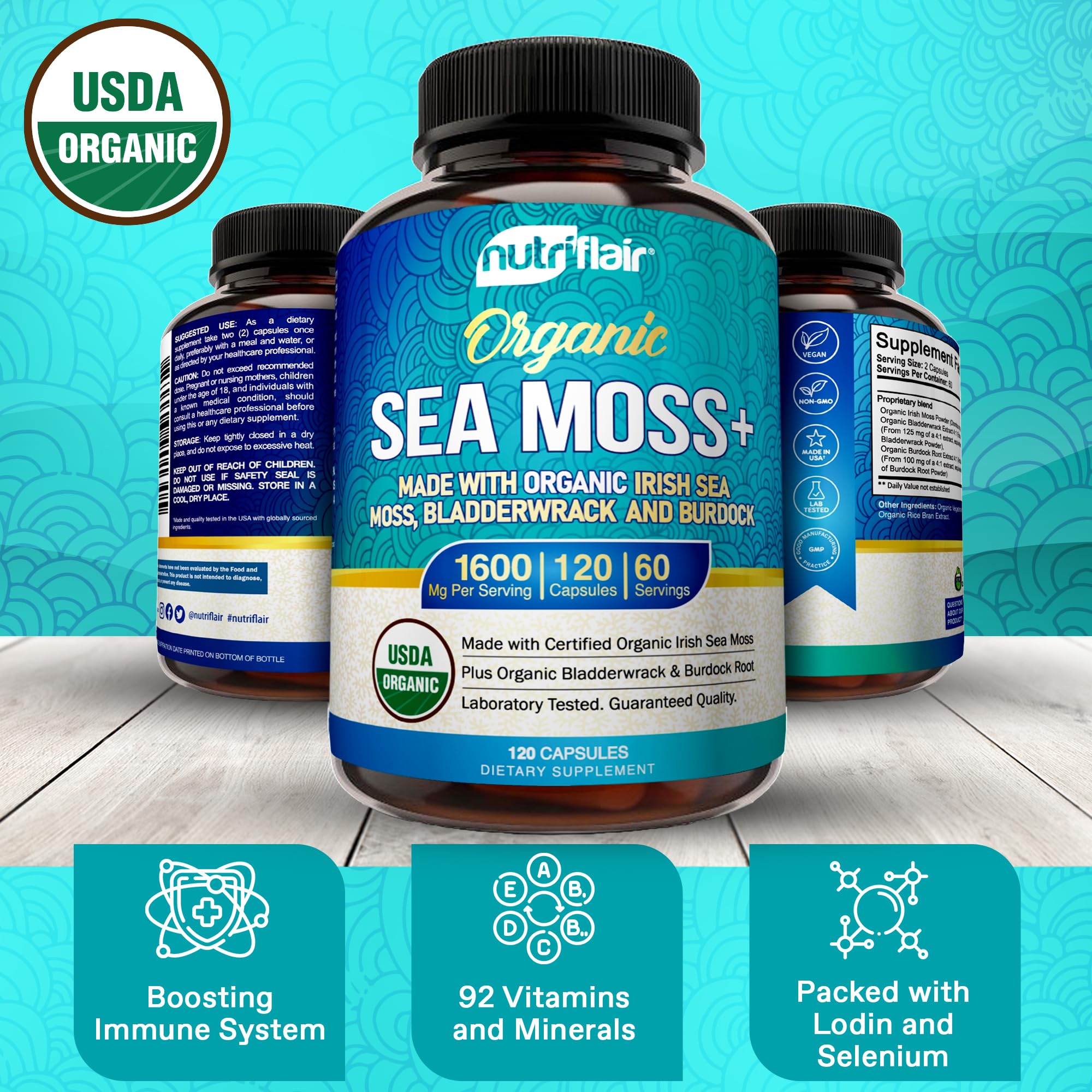 NutriFlair Organic Sea Moss 1600mg, 120 Capsules Plus Bladderwrack & Burdock - Prebiotic Super Food - Immune System & Digestive Health - Thyroid, Healthy Skin, Keto Detox, Gut NutriFlairAu supplements
