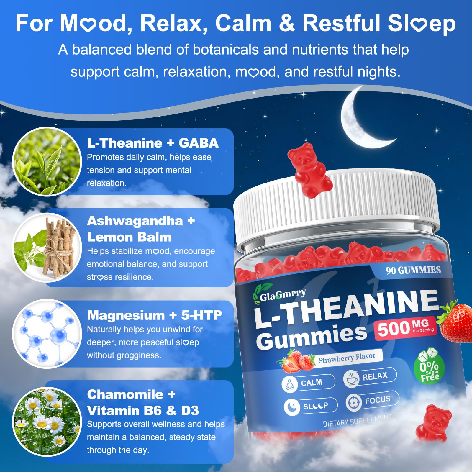 GlaGmrry 180 Count | L Theanine Gummies, L Theanine Supplement for Adults & Kids, w/Ashwagandha, Magnesium, GABA & 5-HTP, Sugar Free Liposomal Formula for Calm Relax zzZ M♡♡d & Focus, Vegan GlaGmrryAu supplements