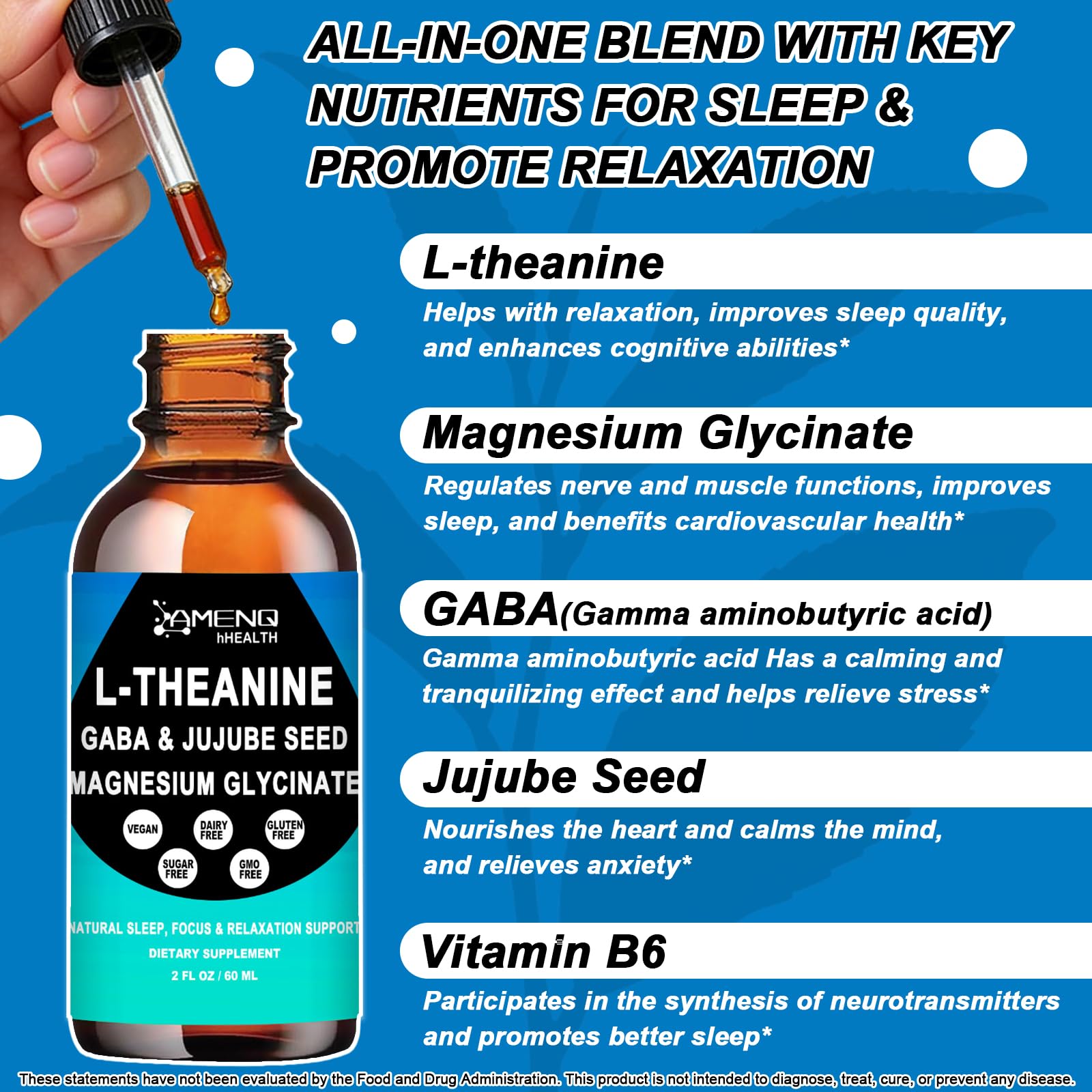 L Theanine Liquid Drops - Double Strength L-Theanine 200mg for Adults & Kids, Fast Absorption Gaba L-Theanine Supplements w. Magnesium & Jujube Seed for Nerve & Sleep, Relaxation & Mood Support丨Vegan AMENQ hHEALTHAu supplements