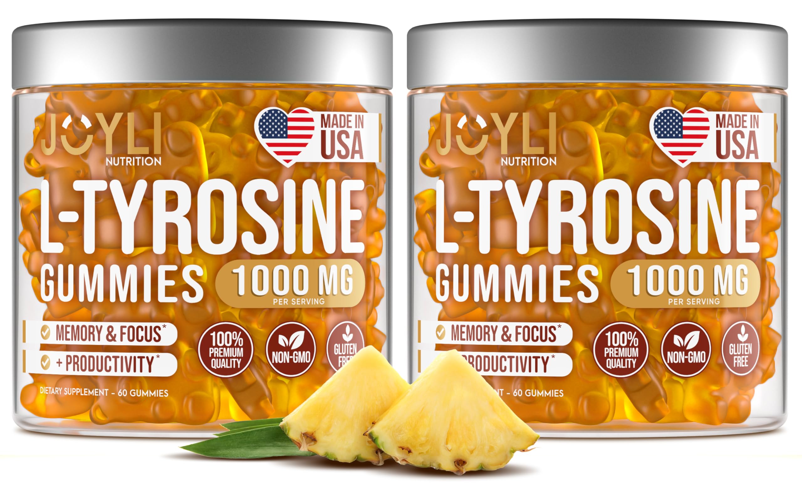 2 Pack - JOYLI L-Tyrosine Gummies 1000MG – Sugar-Free Vegan Focus Supplement & Mood Support for Kids & Adults – 500mg Per Gummy – Sleep Gummies for Memory, Energy & Wellness – 60 Pcs per Pack JOYLI NutritionUS supplements
