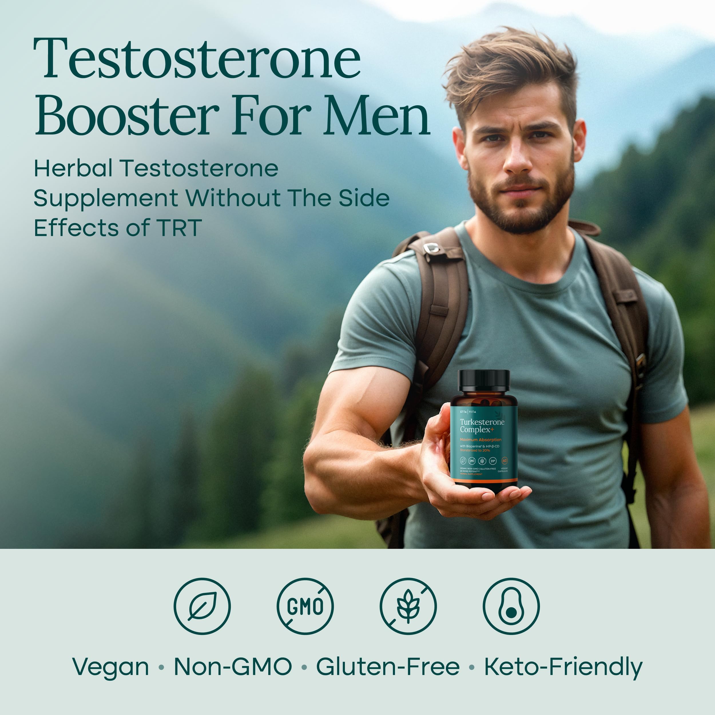 Potent Turkesterone Supplement, 2X Pure (Made in USA - 3rd Party Tested) Most Bioavailable and Natural Test Support Supplement, Supports Energy Lean Muscle Health, Recovery and Stamina, Vegan (60ct) Etta VitaAu supplements