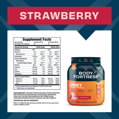 Body Fortress 100% Whey, Premium Protein Powder, Strawberry, 1.78lbs Packaging May Body FortressUS supplements