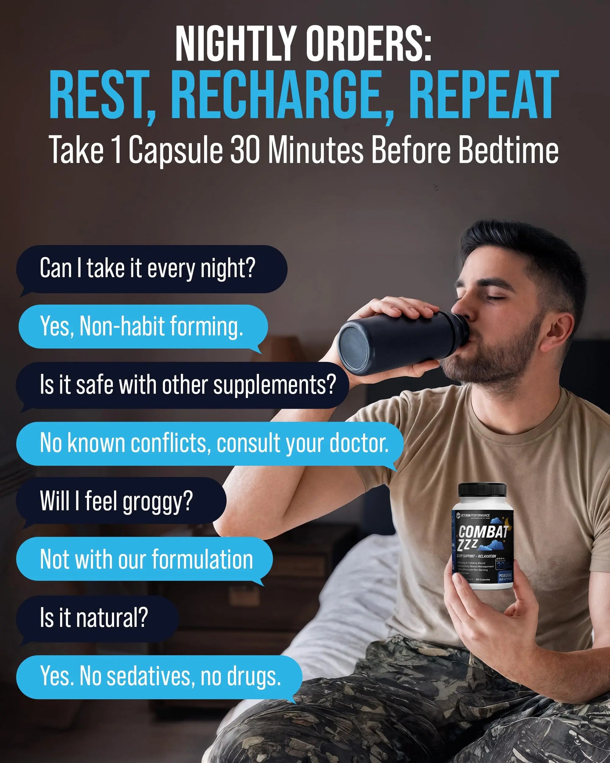 Combat ZZZ 4-in-1 Sleep Aid with Melatonin, Magnesium & L-Theanine – Non-Groggy Formula for Deep Sleep & Restful Recovery – Veteran-Founded, Made in USA (60 Capsules) | Sleep Aid for Adults Veteran Performancenz supplements