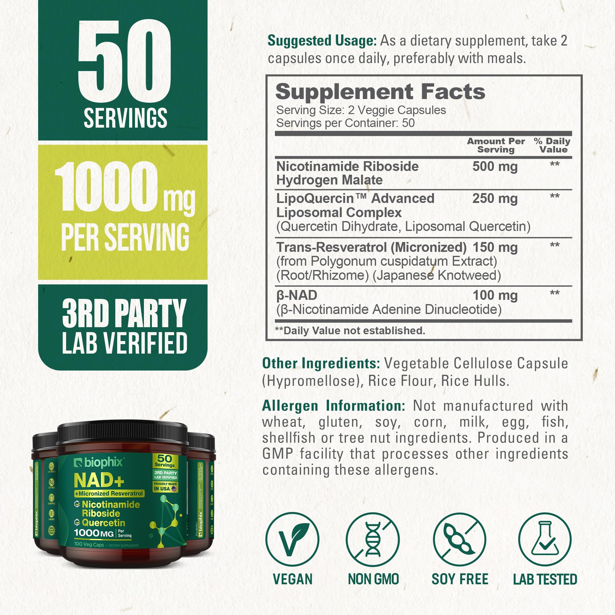 biophix NAD+ Liposomal Supplement for Women & Men - 1000 mg per Serving - Nicotinamide Riboside, Micronized Resveratrol & Quercetin Complex - 100 Veg Capsules - Non-GMO, Gluten-Free, cGMP Certified biophixAu supplements