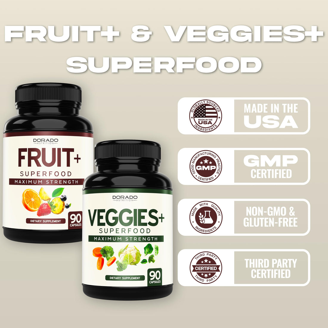 Fruit and Veggies Supplement (180 Capsules) Superfood Fruits and Vegetables Supplements for Adults - Premium Super Food for Energy and Immune Support - Veggies Capsules - Non-GMO & Vegan - USA Made DORADO NUTRITIONAu supplements