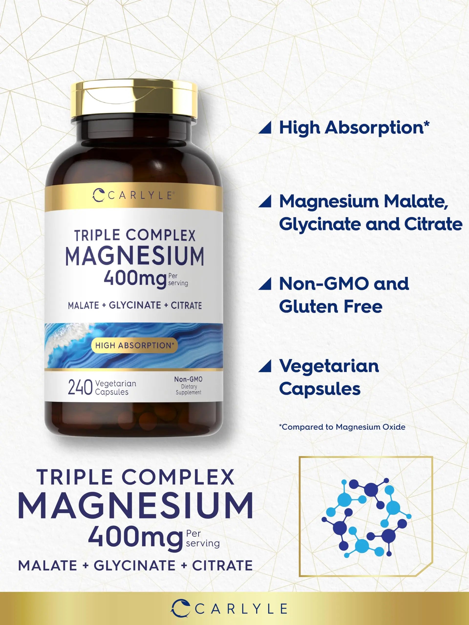 Carlyle Triple Magnesium Complex | 400 mg | 240 Capsules | Magnesium Malate, Glycinate & Citrate | Vegetarian, Non-GMO, and Gluten Free Supplement Carlylenz supplements