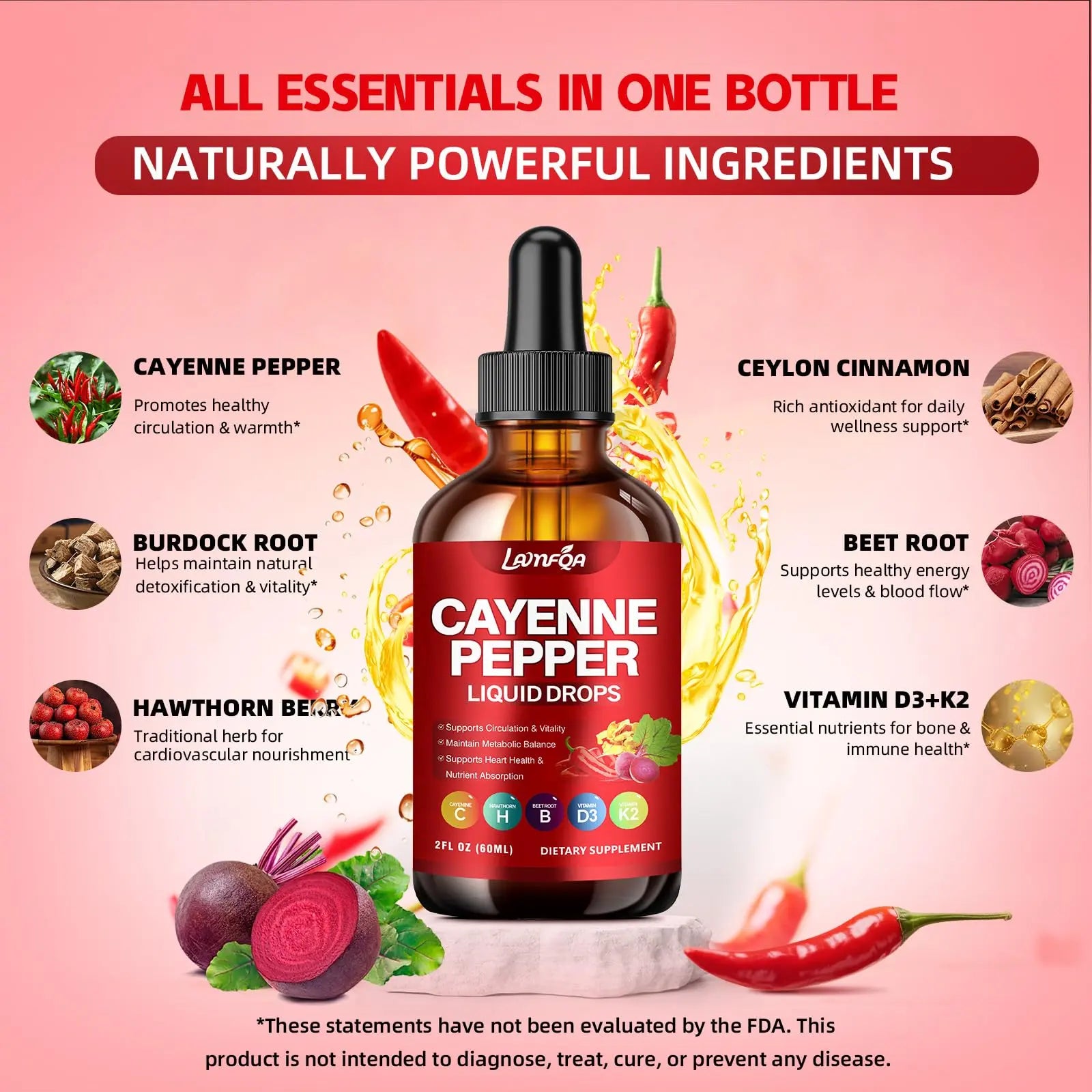 Cayenne Pepper Liquid Drops - Potent Blend with Hawthorn Berry, Turmeric Curcumin, Vitamin D3 K2, Beet Root & Panax Ginseng - Vegan, Non-GMO, High Absorbed Gentle Formula - 2 OZ LAMFQAnz supplements