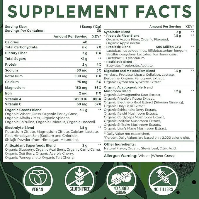 Super Greens Powder Superfood + Electrolytes & Tonic Herbs | Organic Greens, Shilajit, Adaptogens, Antioxidants, Preobiotic & Probiotic & Postbiotic| for Energy, Gut & Immune| Unflavored - 30 Servings Sundhedslivnz supplements