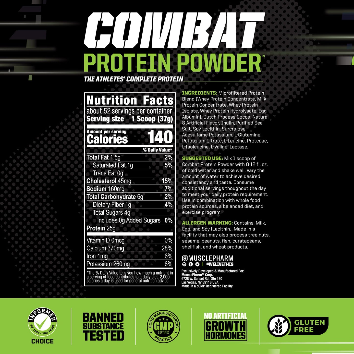 MusclePharm Combat Protein Powder, Chocolate Milk - 4 lb - Gluten Free - 52 Servings Muscle PharmUS supplements