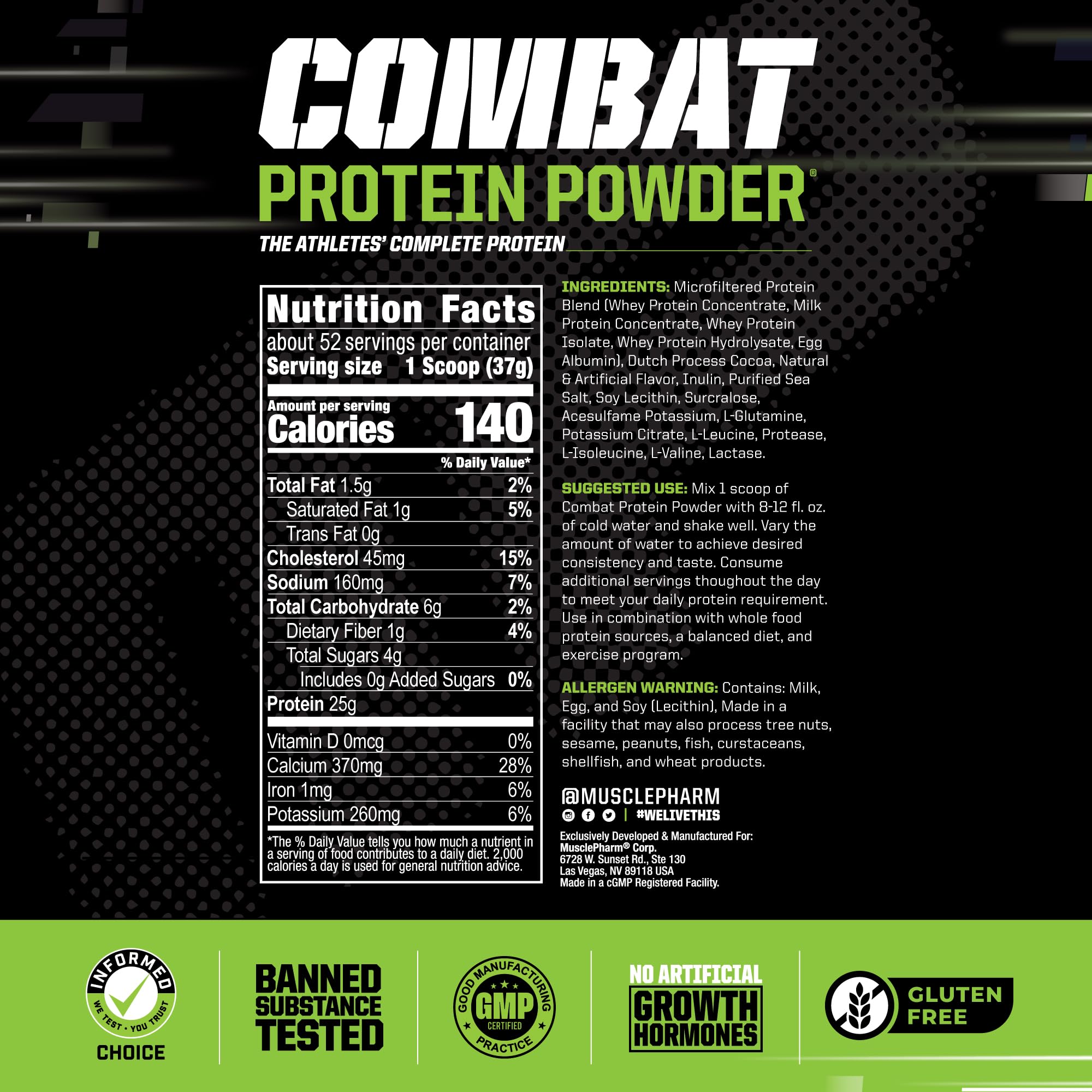 MusclePharm Combat Protein Powder, Chocolate Milk - 4 lb - Gluten Free - 52 Servings Muscle PharmAu supplements