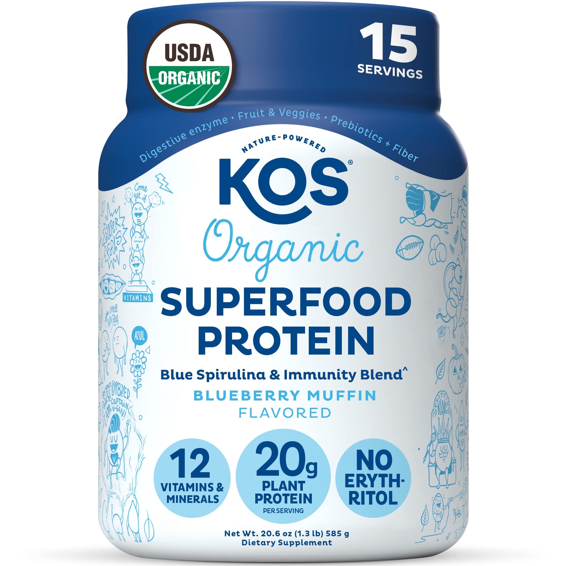 KOS Plant Based Protein Powder, Blueberry Muffin - Organic Pea Protein Superfood KOSUS supplements
