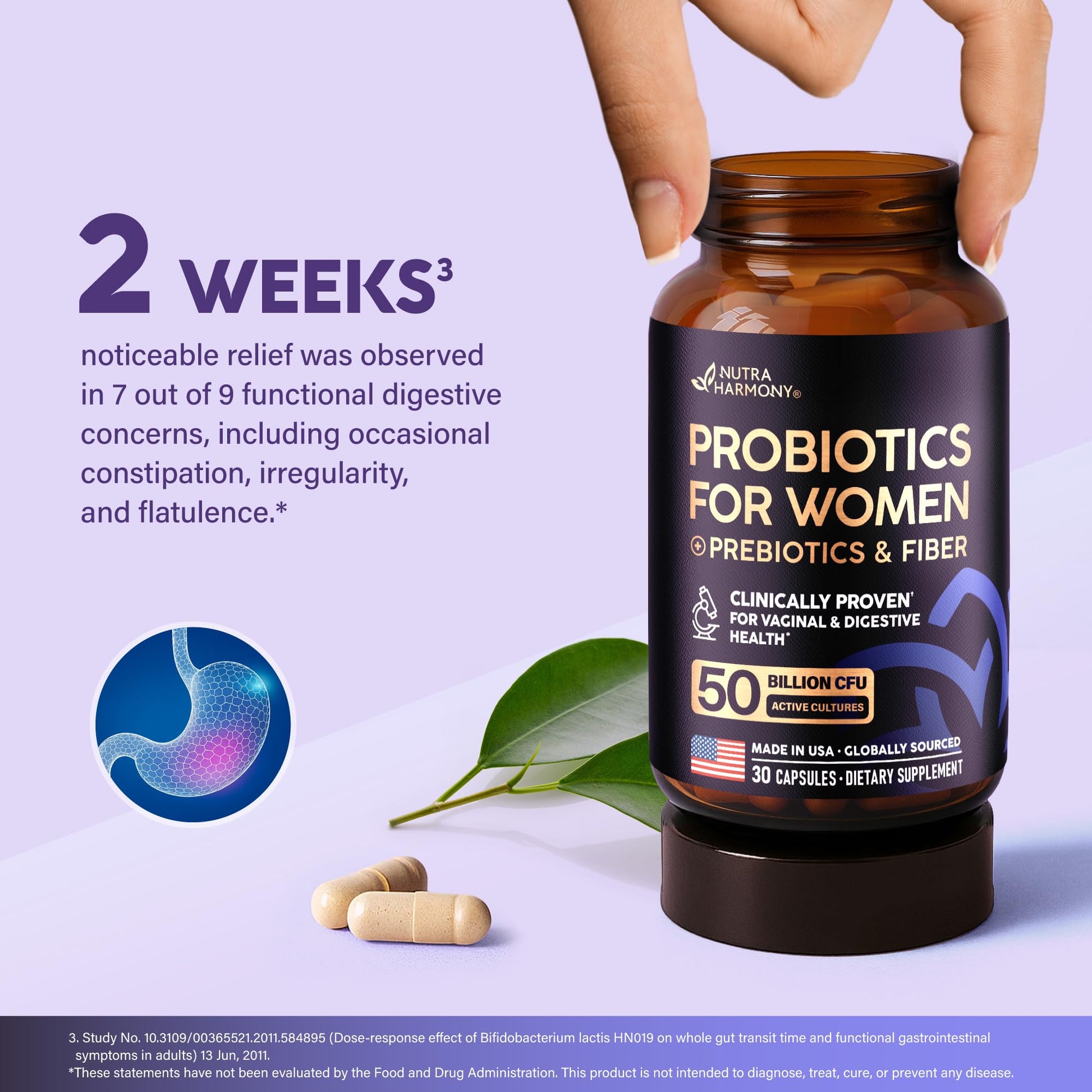 Probiotics for Women 50 Billion CFU - Vaginal Probiotics Clinically Proven for Yeast & pH Balance - Digestion & Bloating Relief - 8 Strains + Prebiotics - Delay Release - Made in USA, 30 Capsules NUTRAHARMONYAu supplements