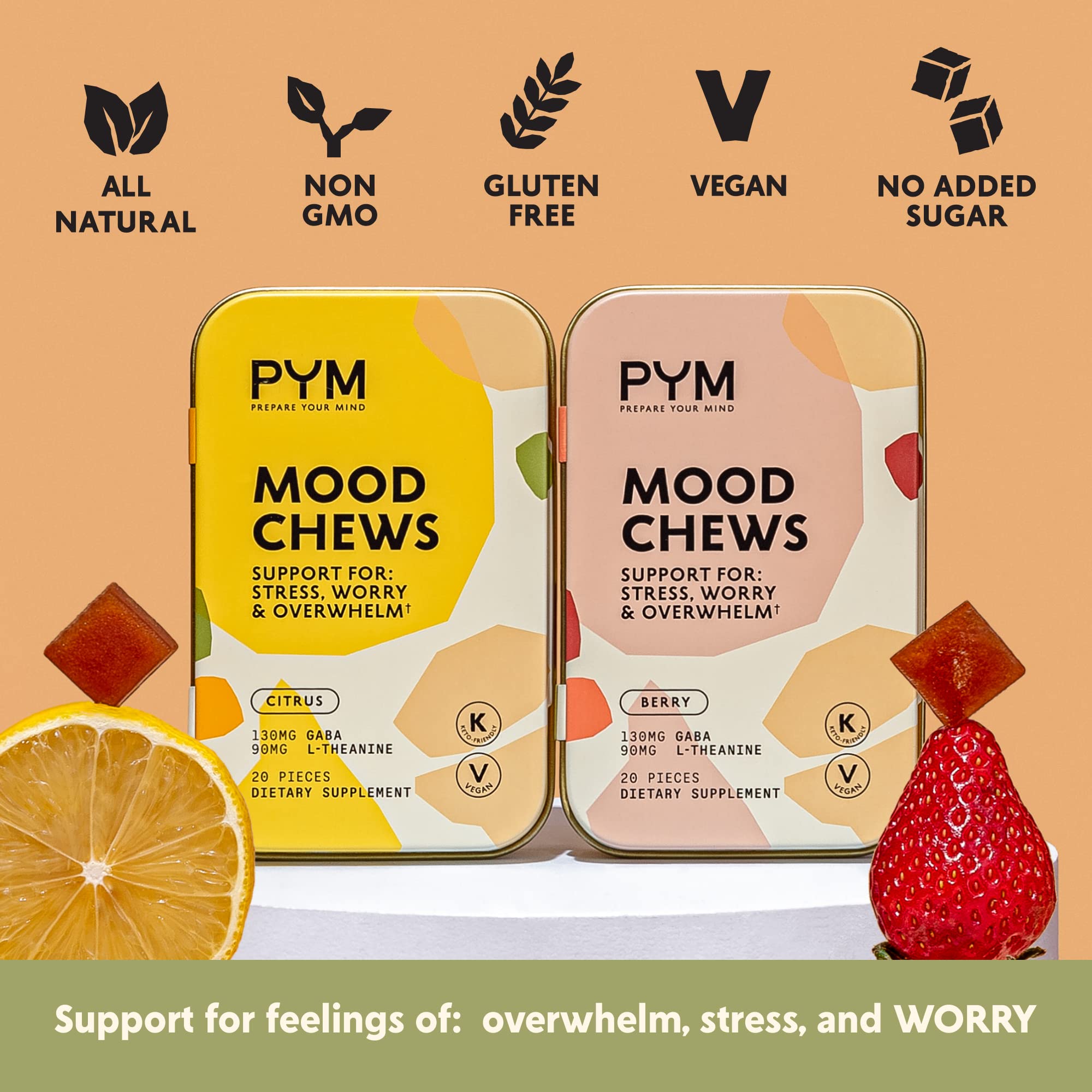 PYM Citrus Mood Chews Support for Stress, Worry & Overwhelm, 120 Count | 130mg GABA, 90mg L-Theanine | Vegan, Non-GMO, Gluten-Free, No Added Sugar | All-Natural Mood Balance Supplement Made in USA PYM HealthAu supplements