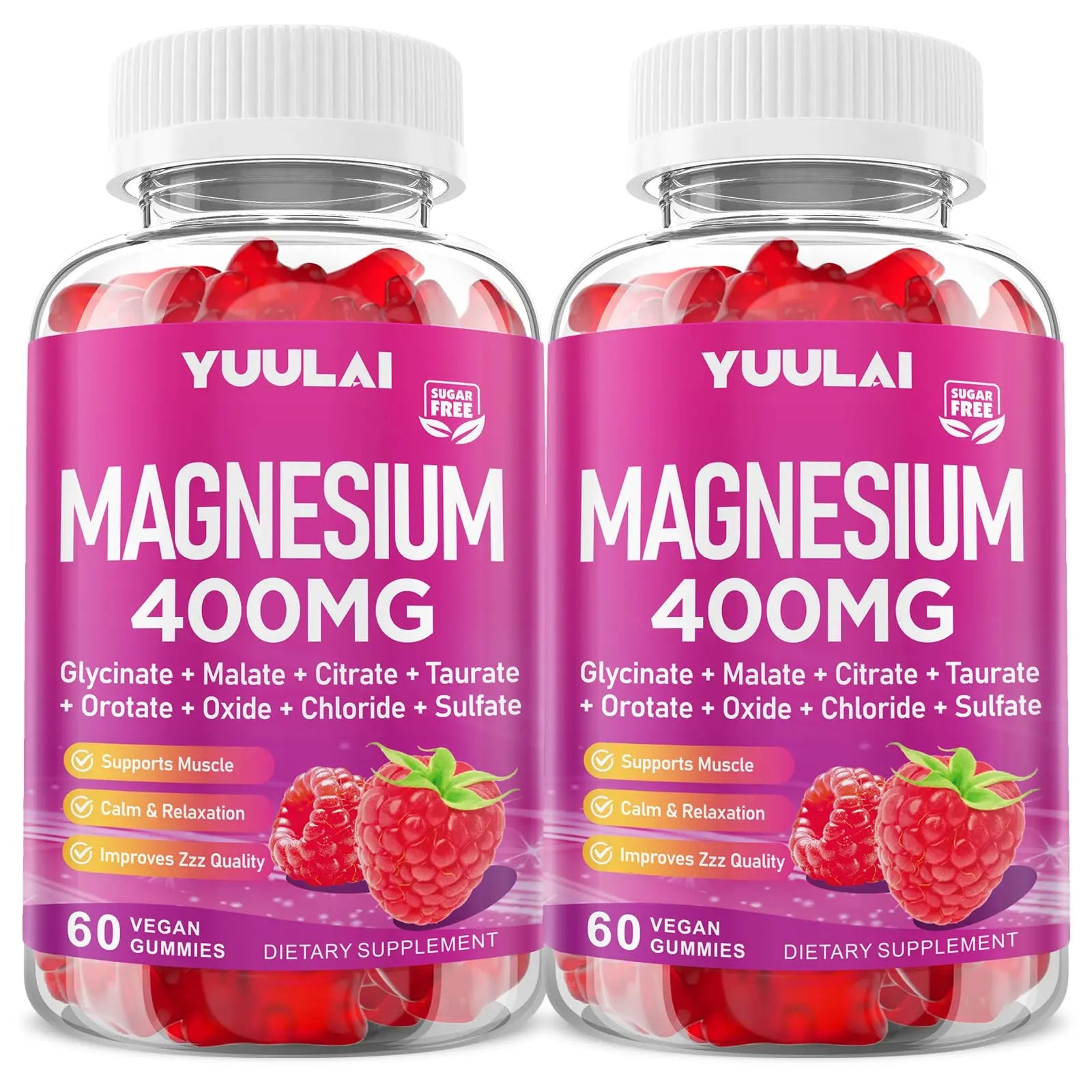 Pack of 2 Magnesium Complex Gummies 400mg, Magnesium Glycinate, Malate, Citrate, Taurate, Oxide & More | w/Ashwagandha Extract, D3 & B12 for Calm, Zzz, Relaxation, Raspberry Flavor, 120 Count YUULAIAu supplements