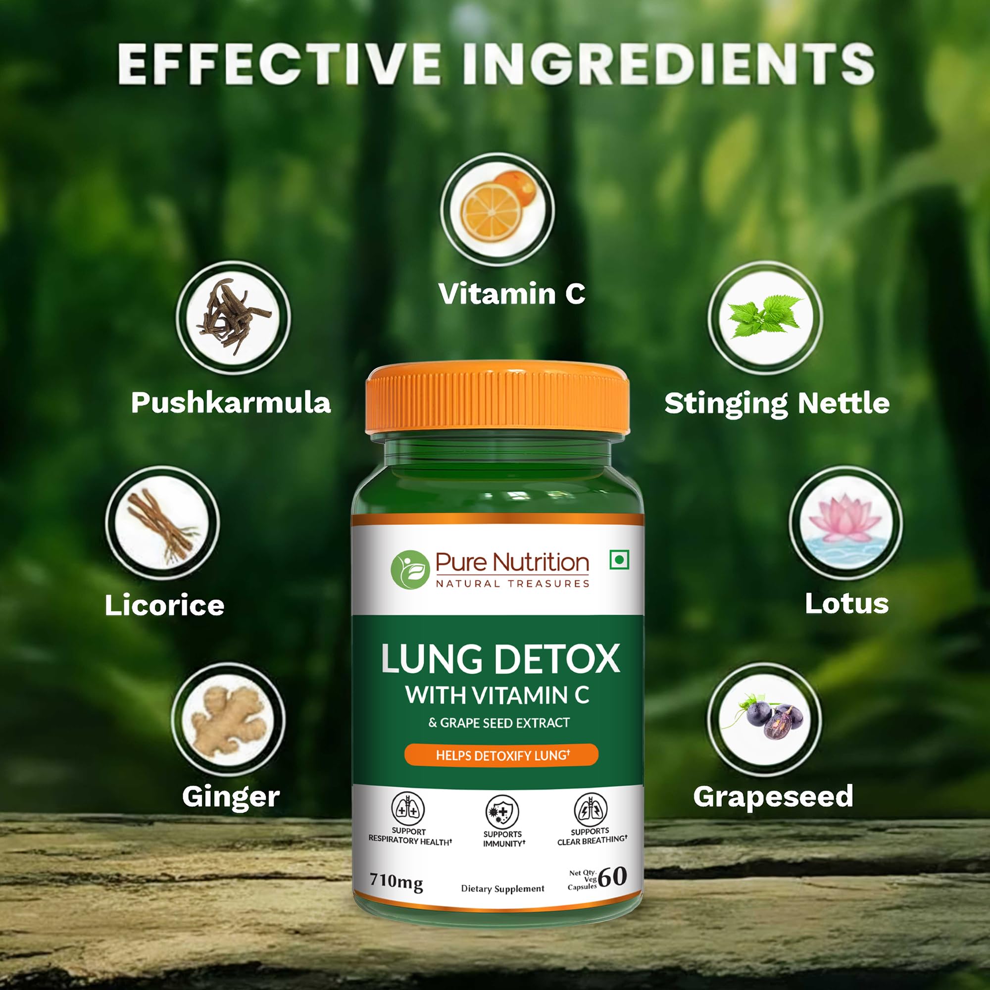 Pure Nutrition Lung Health Supplement | 60 Caps | Herbal Lung Support Formula with Quercetin, Vitamin C, Nettle, Vasaka Leaf, Lotus, Licorice & Ginger. PURE NUTRITION NATURAL TREASURESAu supplements