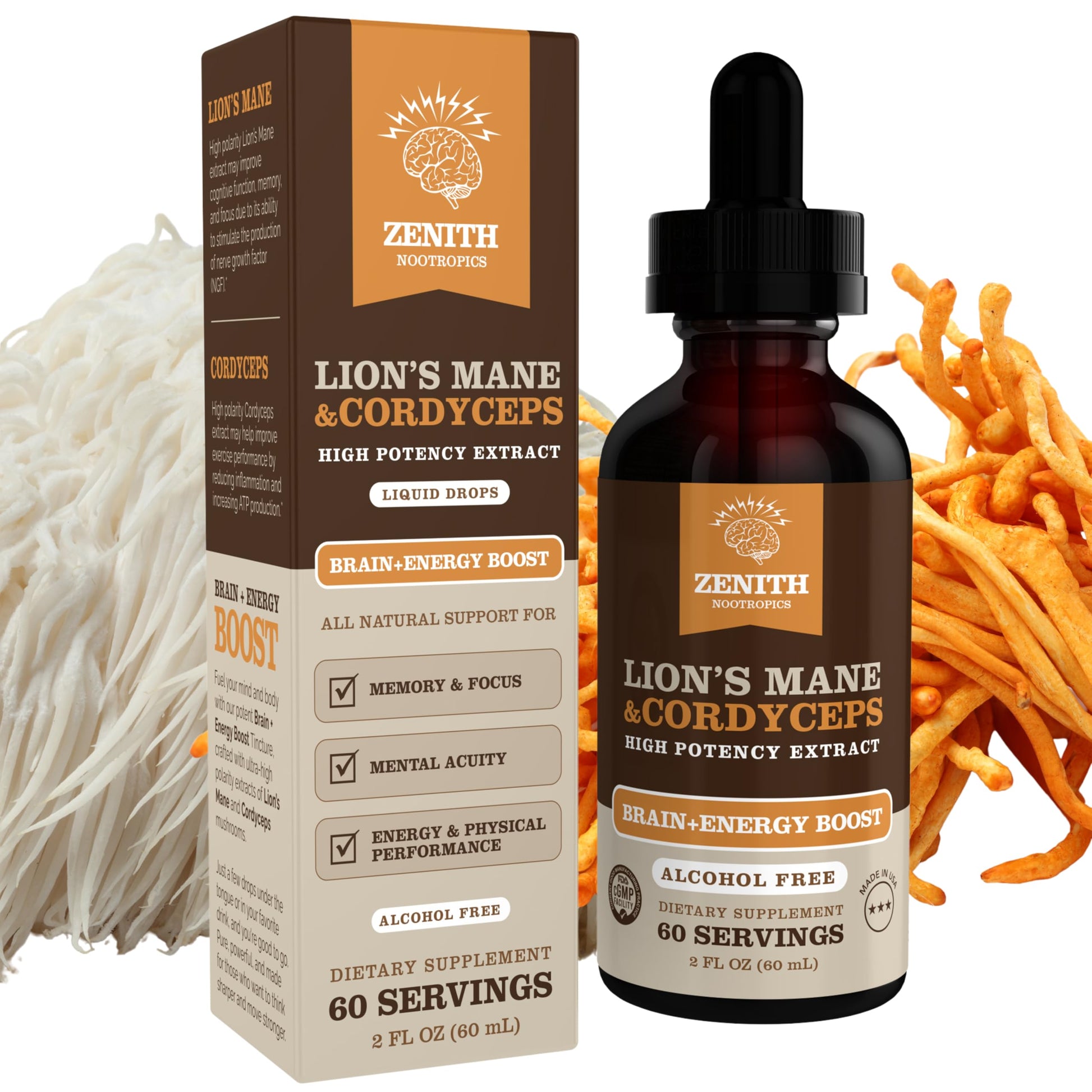 Zenith Nootropics Lion’s Mane & Cordyceps Supplement – Brain & Energy Support – Focus, Memory, Clarity, Immunity – Vegan, Alcohol-Free Tincture – Up-to 2-Month Supply, 2 fl oz Zenith NootropicsAu supplements