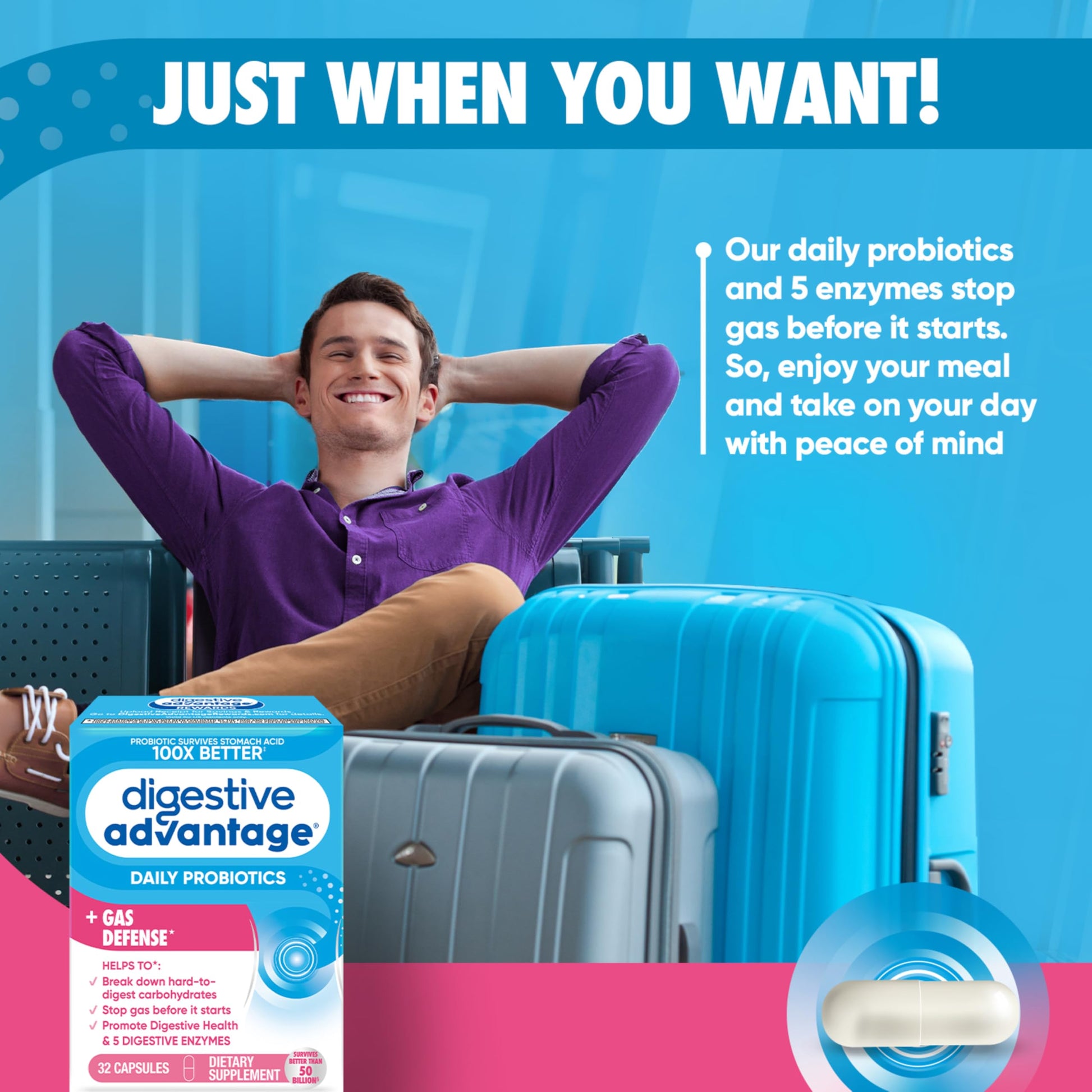 Digestive Enzyme and Probiotic Capsule- Digestive Advantage 32 Capsules, Survives 100x Better than regular 50 billion CFU, Breaks down food, helps prevent gas Digestive AdvantageAu supplements