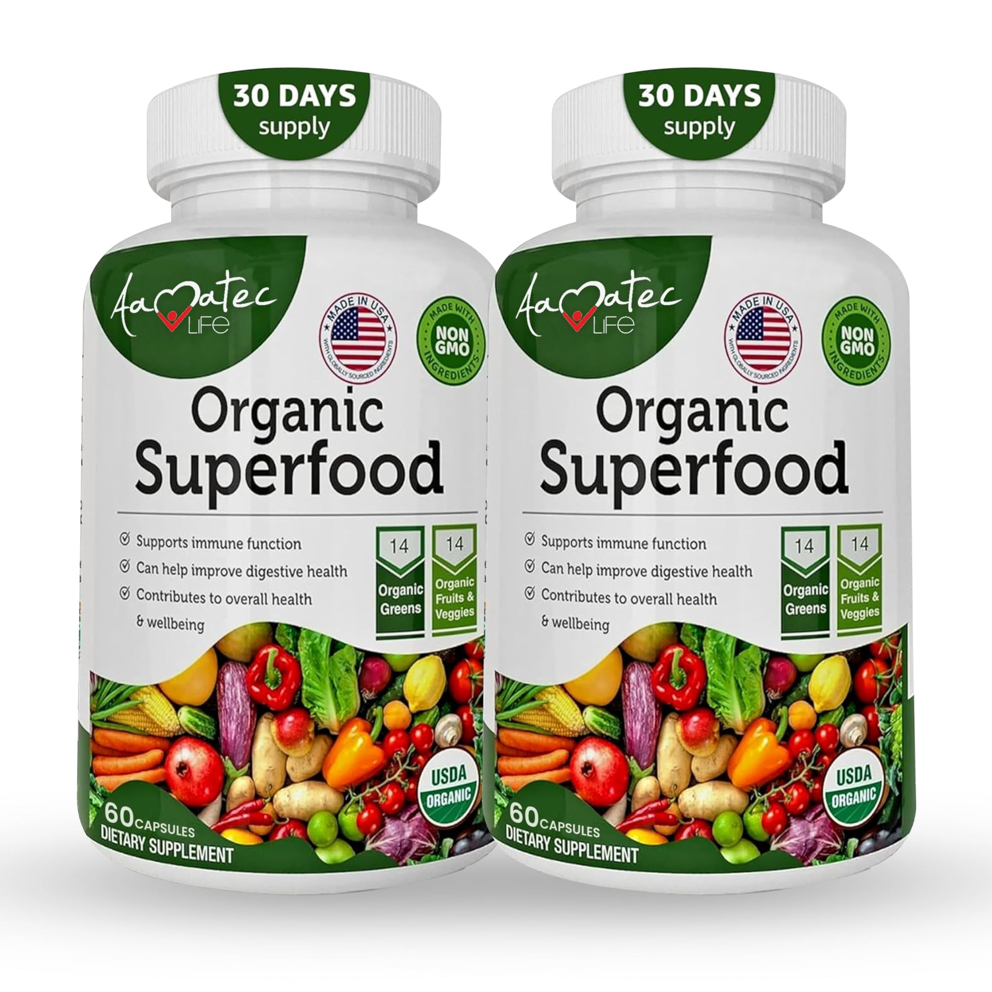 AAMATEC LIFE Organic Superfood Greens Fruits and Veggies Complex - Dietary Supplement with 14 Greens &14 Vegetables with Alfalfa Rich in Antioxidants Organic Ingredients Non-GMO (120 Count Pack of 2) AAMATEC LIFEAu supplements