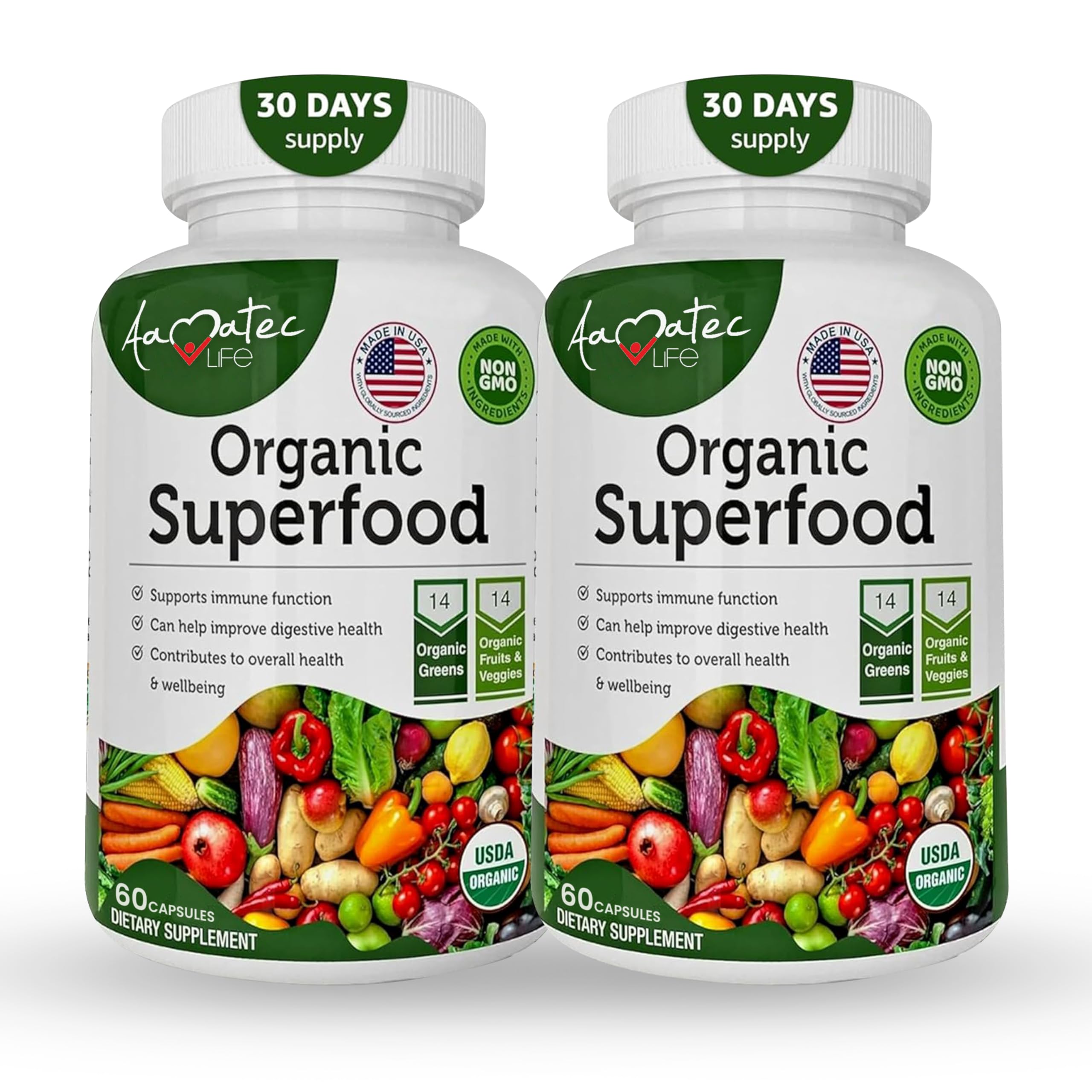 AAMATEC LIFE Organic Superfood Greens Fruits and Veggies Complex - Dietary Supplement with 14 Greens &14 Vegetables with Alfalfa Rich in Antioxidants Organic Ingredients Non-GMO (120 Count Pack of 2) AAMATEC LIFEAu supplements