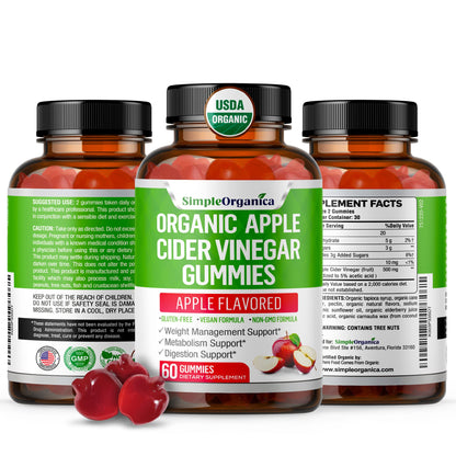 USDA Organic Apple Cider Vinegar Gummies with The Mother. AVC Keto Gummy Vitamins Simple OrganicaUS supplements