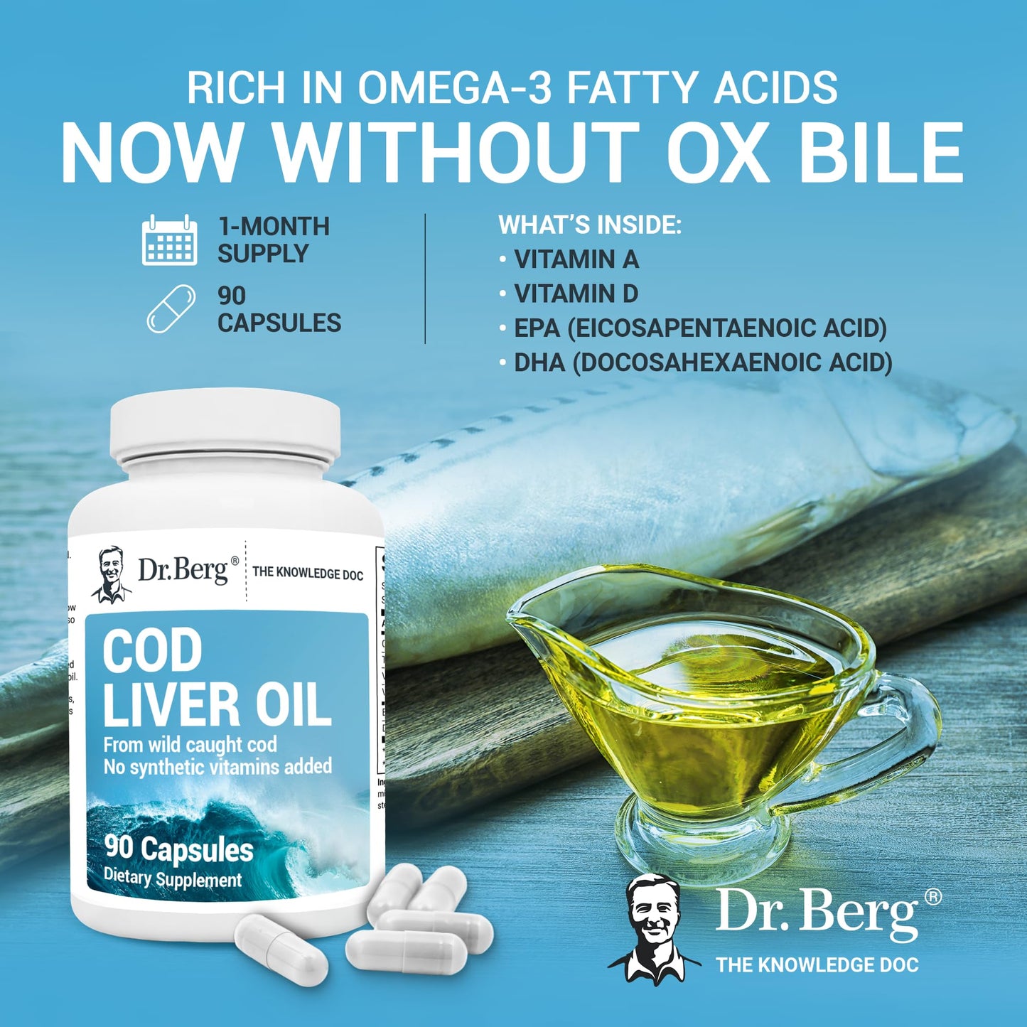 Dr. Berg Cod Liver Oil Capsules - New Formula Without OxBile - Rich in Omega-3 Fatty Dr. Berg NutritionalsUS supplements