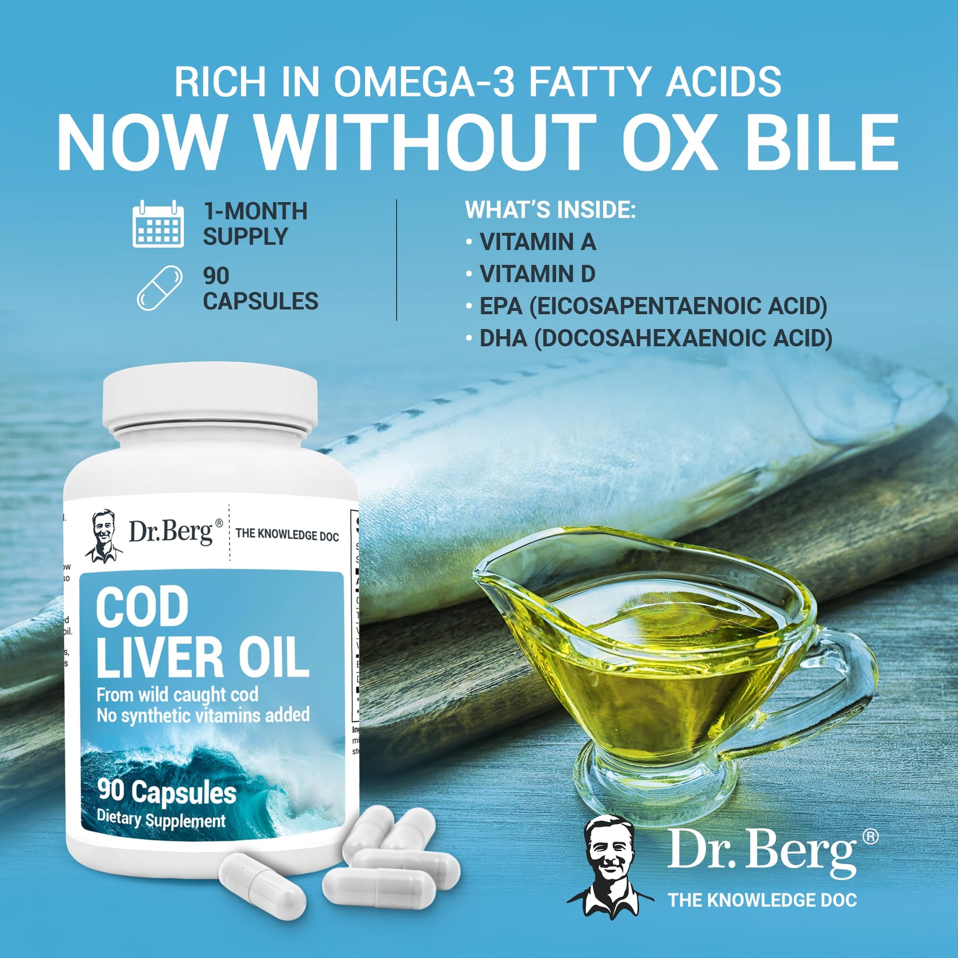 Dr. Berg Cod Liver Oil Capsules - New Formula Without OxBile - Rich in Omega-3 Fatty Dr. Berg NutritionalsUS supplements