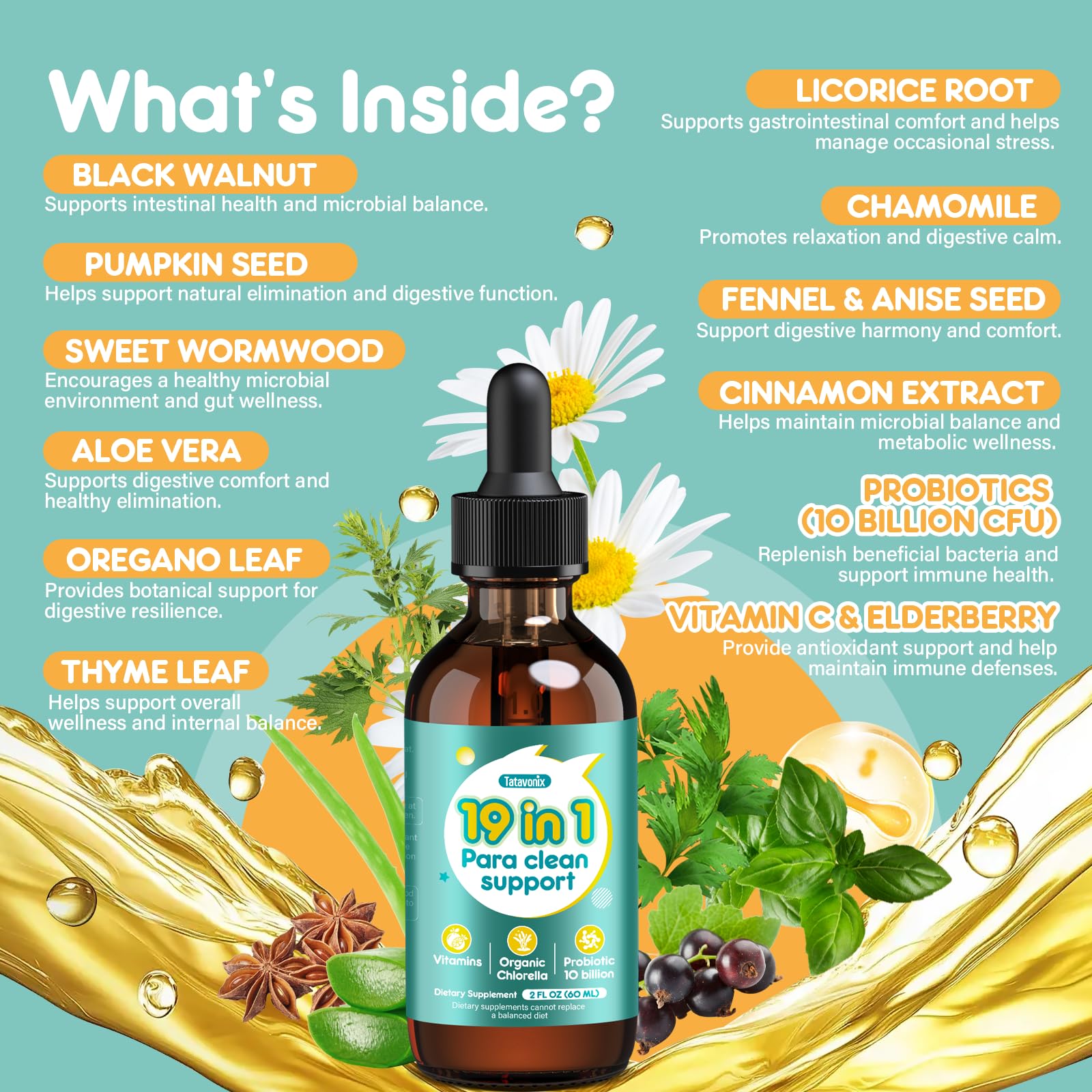 Tatavonix 19 in 1 Herbal Gut Cleanse Drops – Wormwood, Black Walnut, Chlorella 250mg, 10B Probiotics, Clove & Oregano – Liquid Detox Support for Adults & Kids, Alcohol-Free, 4oz TatavonixAu supplements
