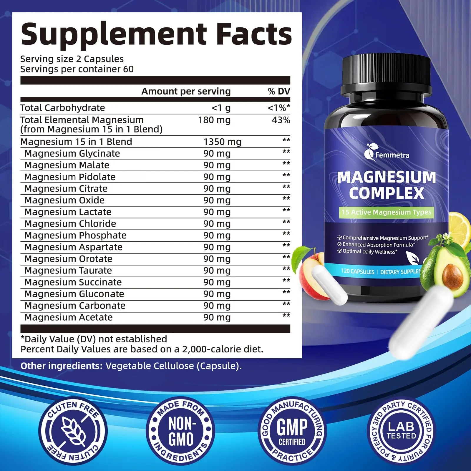 Magnesium Complex for Women Men 1350mg 15 in 1 Pure Magnesium Supplement, with High Absorption Chelated Magnesium Glycinate Citrate Malate & More for Muscle, Heart, Sleep & Bone Support, Vegan 60 Days Femmetranz supplements