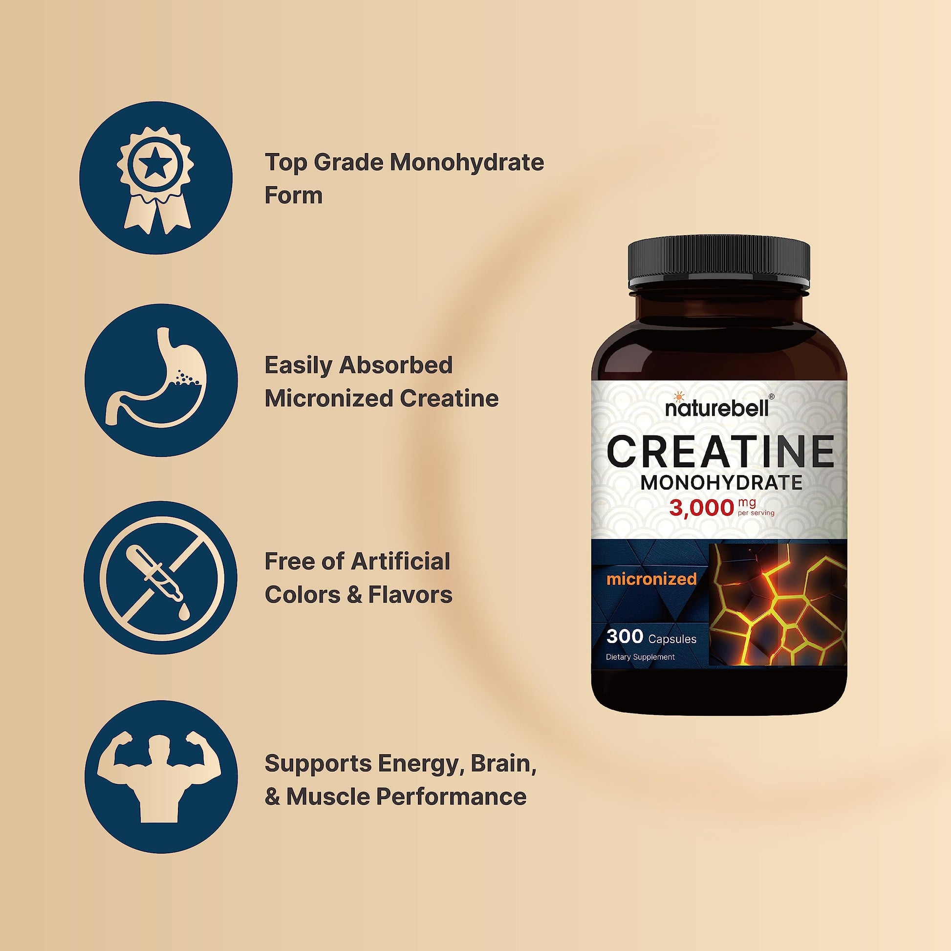 Creatine Monohydrate Capsules 3,000mg Per Serving, 300 Count | Micronized, Unflavored Creatine Pills | Pre-Workout & Muscle Strength Support | Easy to Swallow, Filler-Free | 50 Servings NatureBellAu supplements