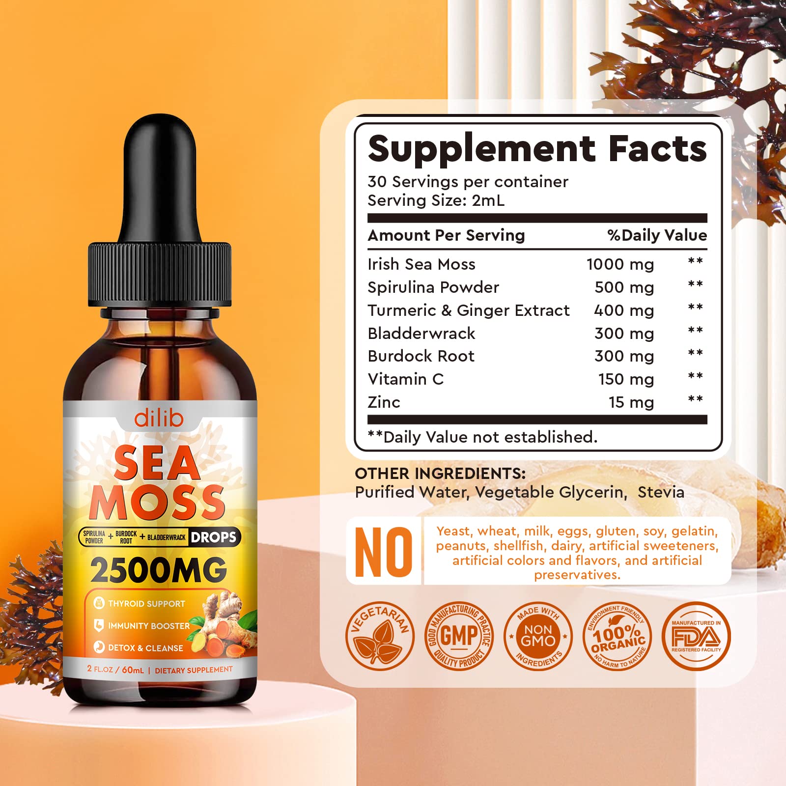 Sea Moss Liquid Drops: Organic Irish Sea Moss 2500mg with Turmeric, Bladderwrack dilibUS supplements