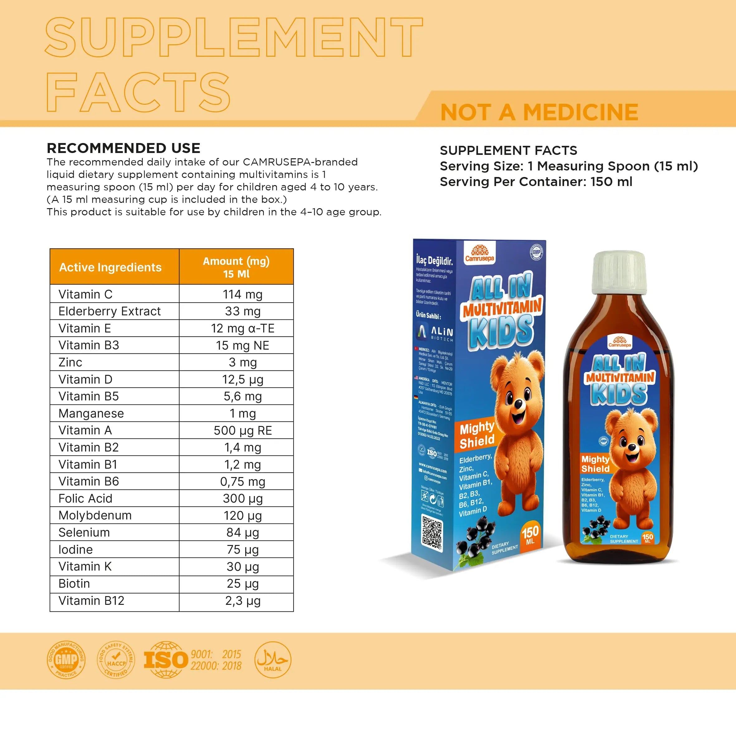 CAMRUSEPA All in Multivitamin Kids Syrup – Black Elderberry Flavored, Inositol, Zinc, Vitamin C, Daily Liquid Multivitamin CamrusepaAu supplements