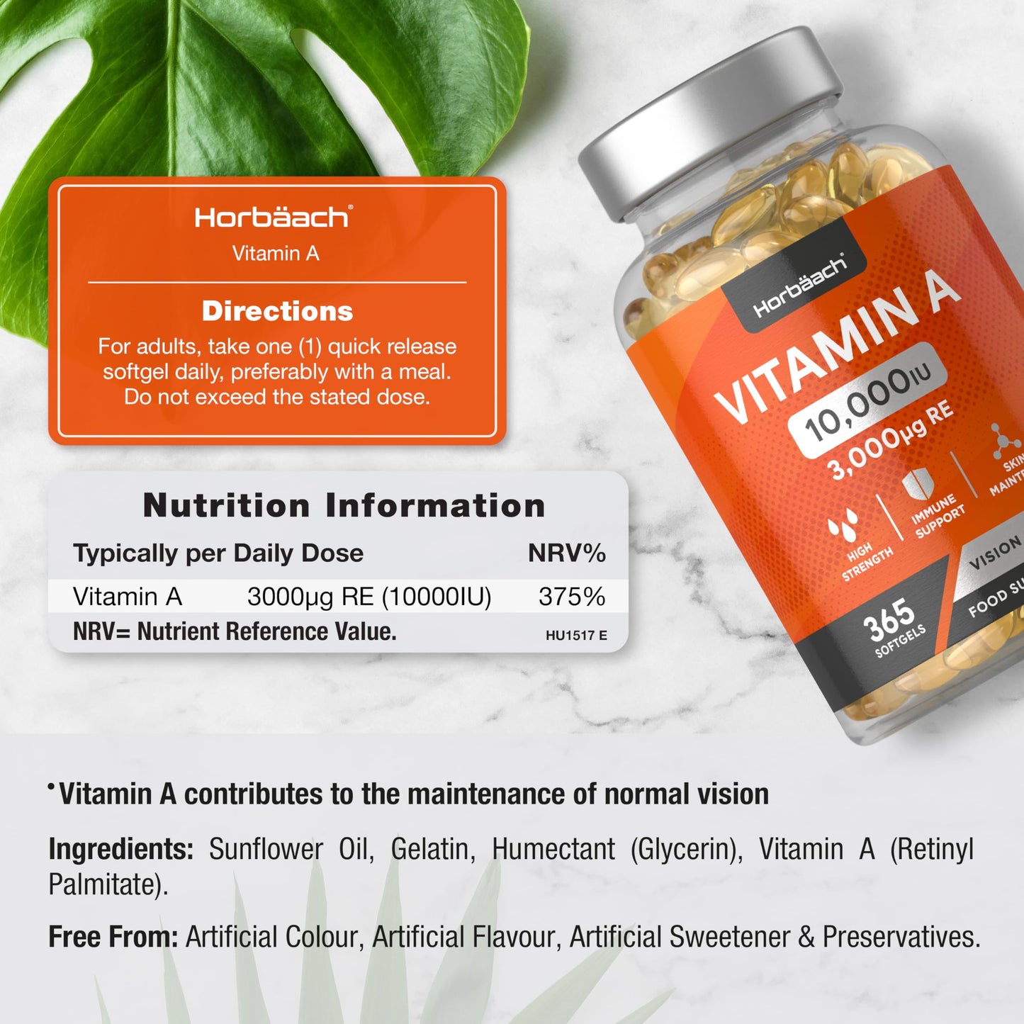 Vitamin A Capsules 10,000iu | 365 Count (1 Year Supply) | High Strength Vitamin A Supplem HorbäachUS supplements