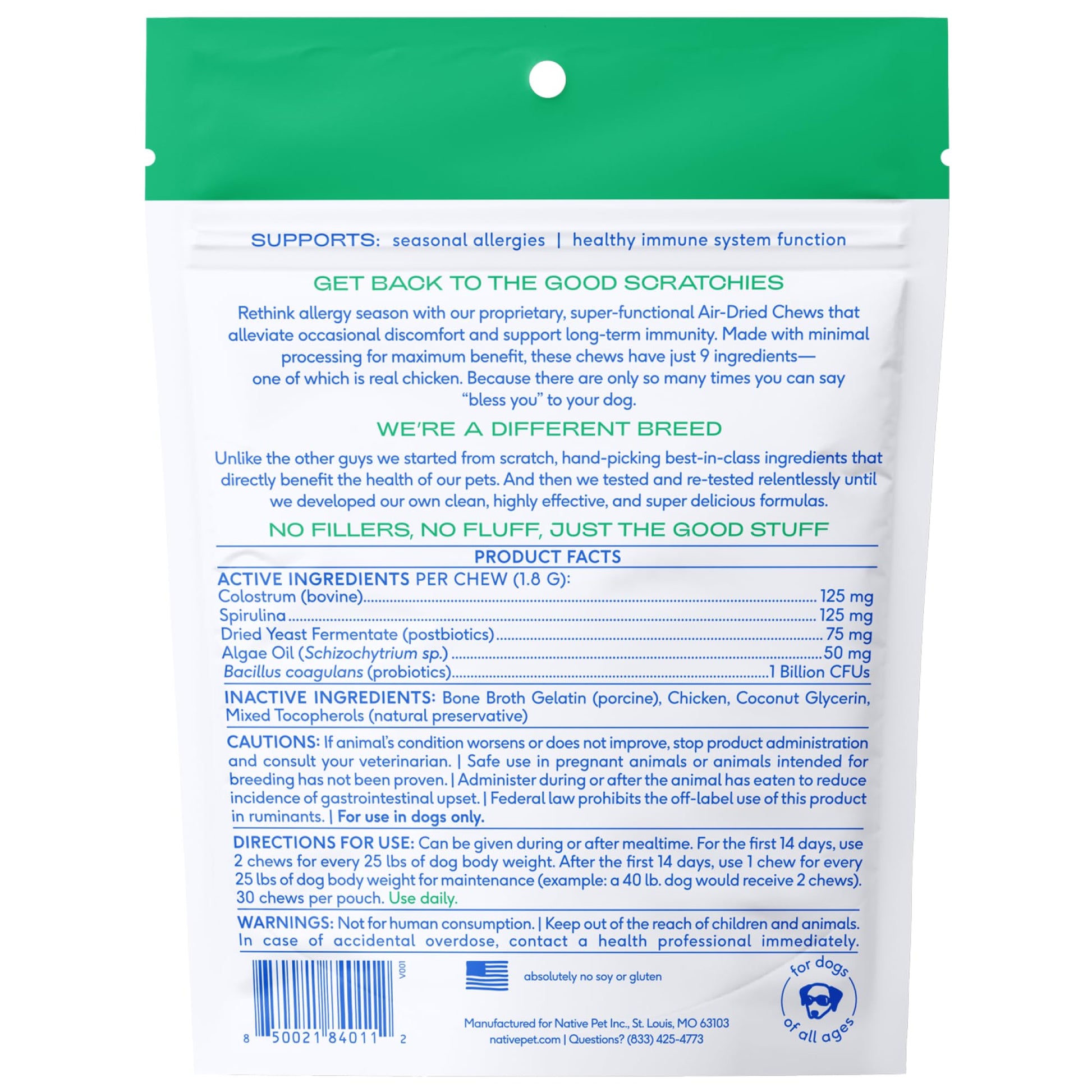 Native Pet Dog Allergy Chews - Dog Allergy Relief for Medium Breeds - Supports Seasonal Itch Relief, Healthy Immune Function & Reduces Sneezing - Colostrum, Spirulina, & Probiotics - 30 Days Supply Native PetAu supplements