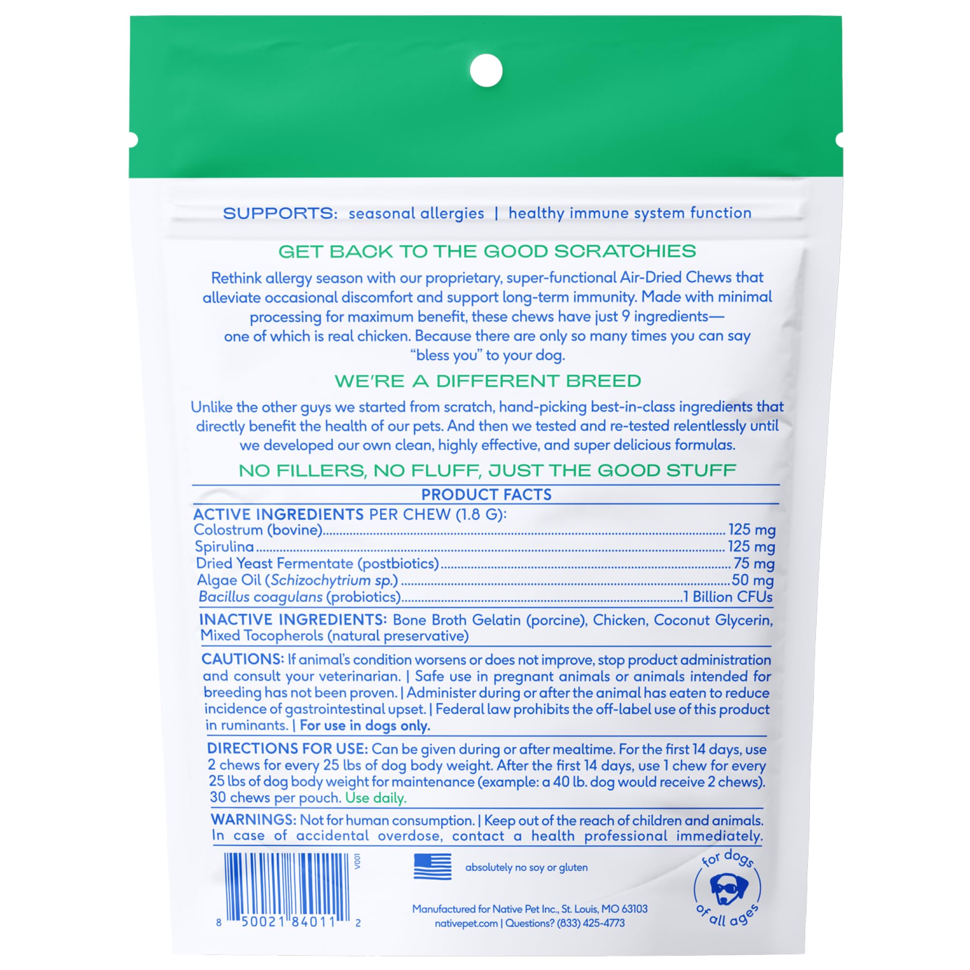 Native Pet Dog Allergy Chews - Dog Allergy Relief for Medium Breeds - Supports Seasonal Itch Relief, Healthy Immune Function & Reduces Sneezing - Colostrum, Spirulina, & Probiotics - 30 Days Supply Native PetAu supplements