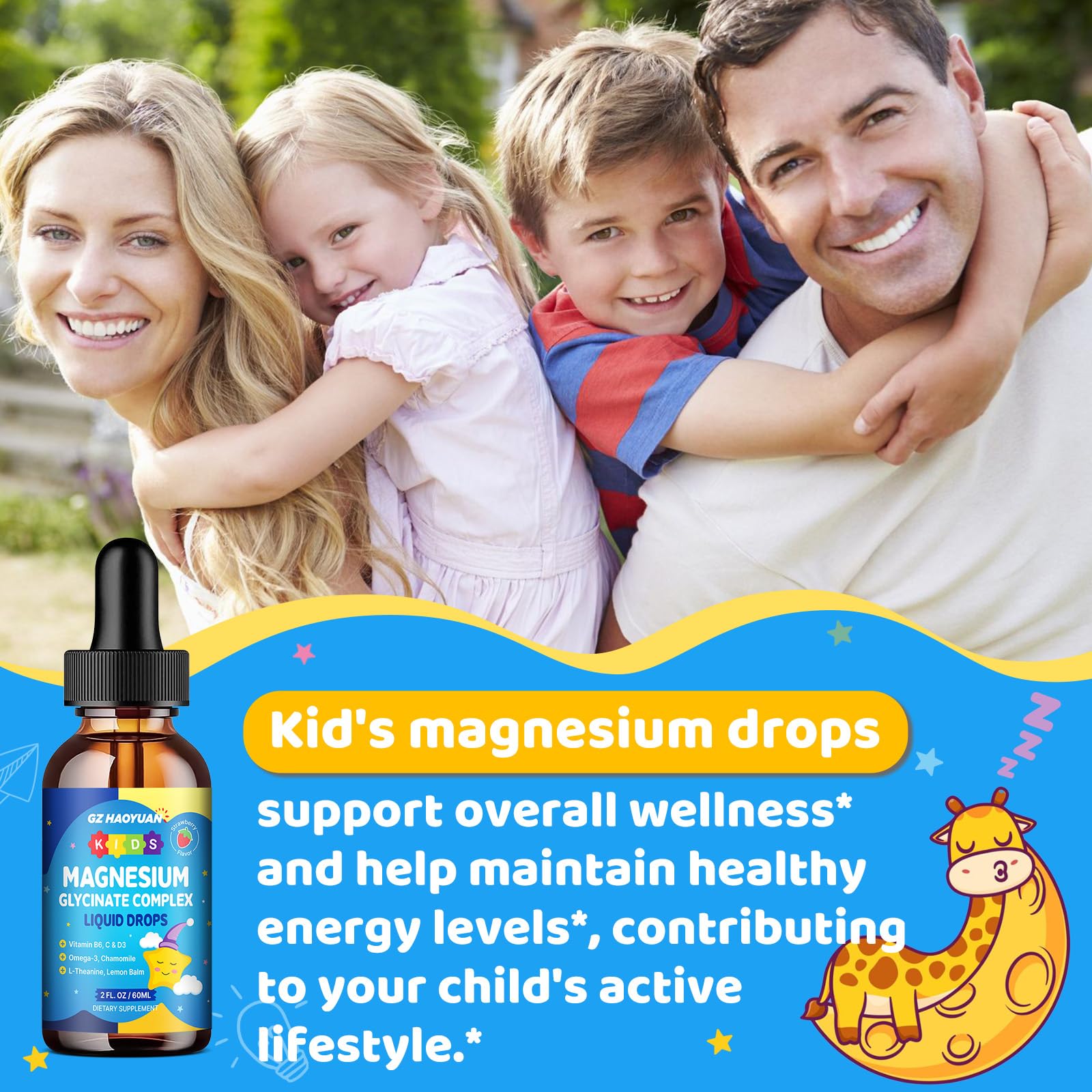 Kids Magnesium Glycinate Liquid Drops‌ – with L-Theanine, Omega-3, Vitamins B6 & D3, Zinc & Calcium – for Sleep Support, Relaxation, Focus & Brain, Bones – Strawberry Flavor, 2 Fl Oz GZ HAOYUANAu supplements