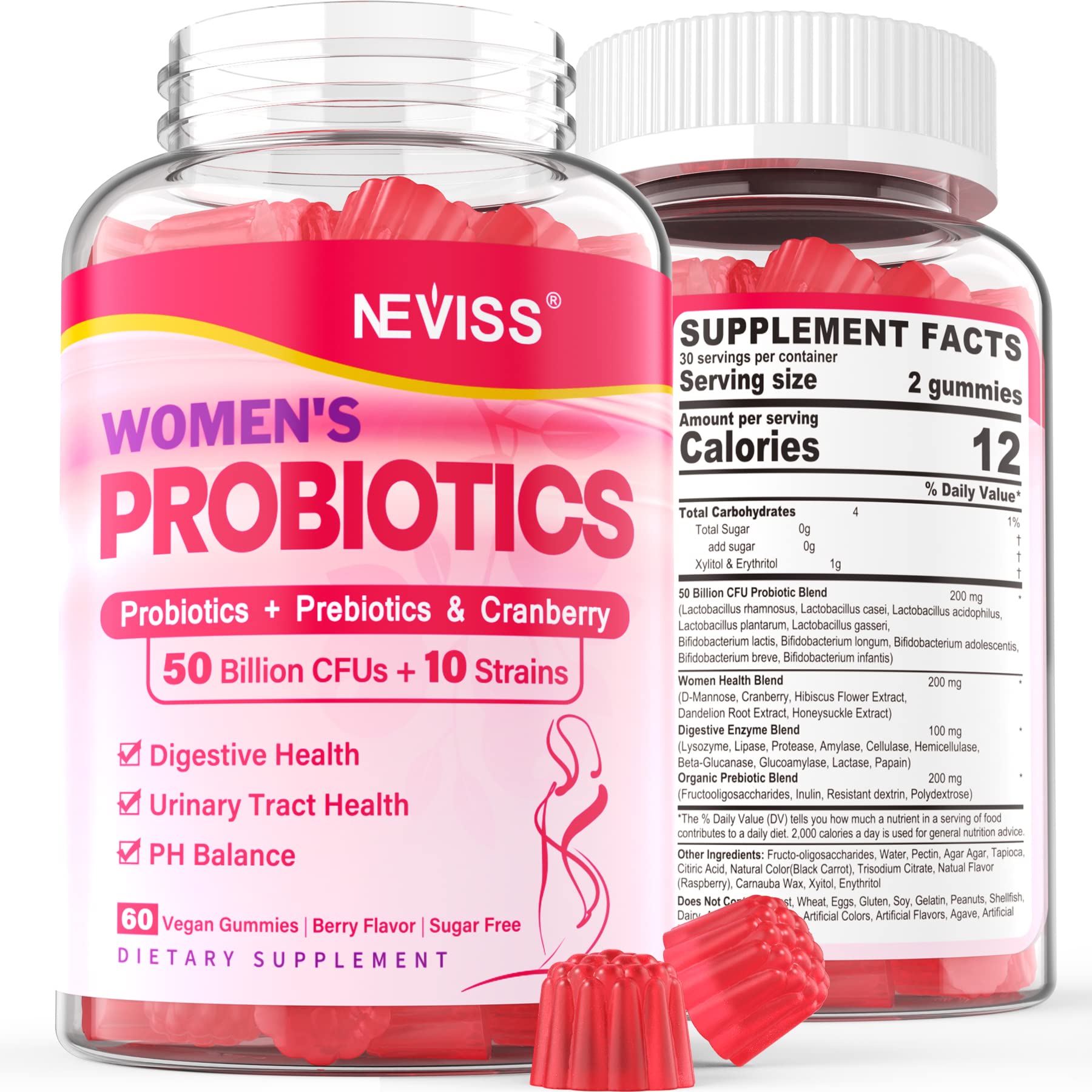 Probiotics for Women Gummies, Sugar Free Vaginal Probiotics 50 Billion CFU 10 Strains w/ Cranberry NEVISSAu supplements