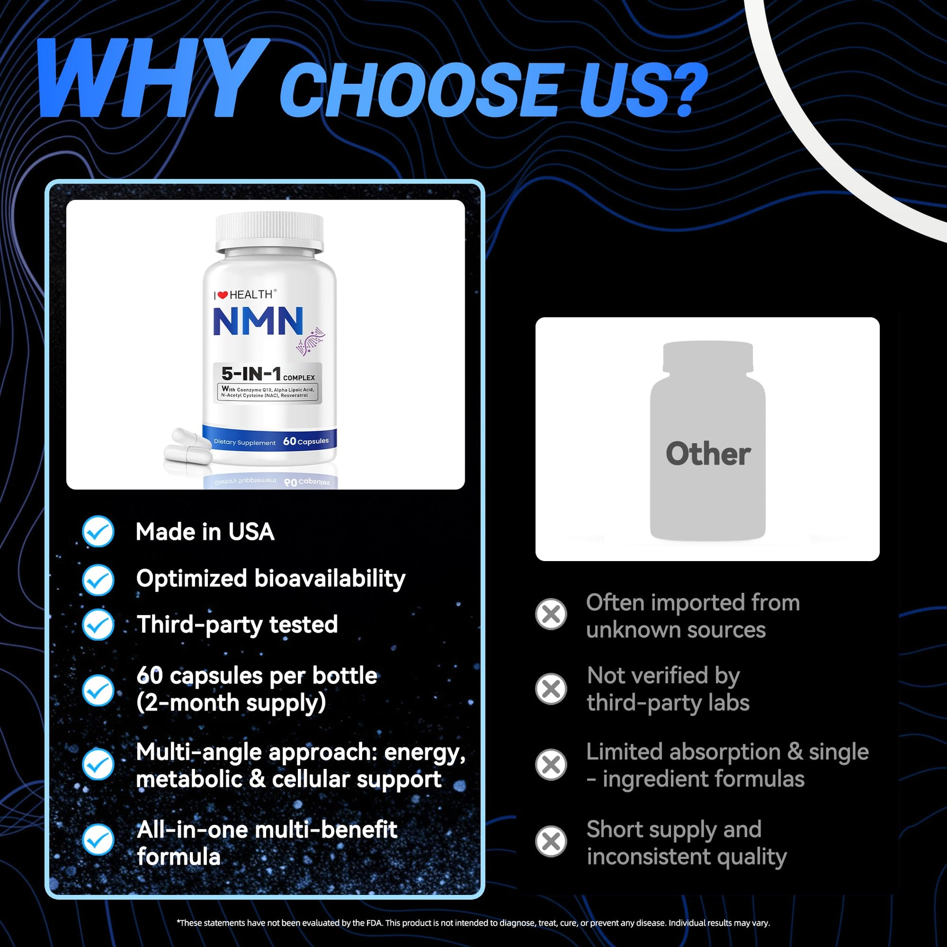 I LOVE HEALTH NMN Supplement, 5-in-1 Complex with NAC, Alpha Lipoic Acid, CoQ10 & Resveratrol - High Absorption Anti Aging Formula - Third Party Tested, cGMP, Gluten Free - 60 Capsules I LOVE HEALTHAu supplements