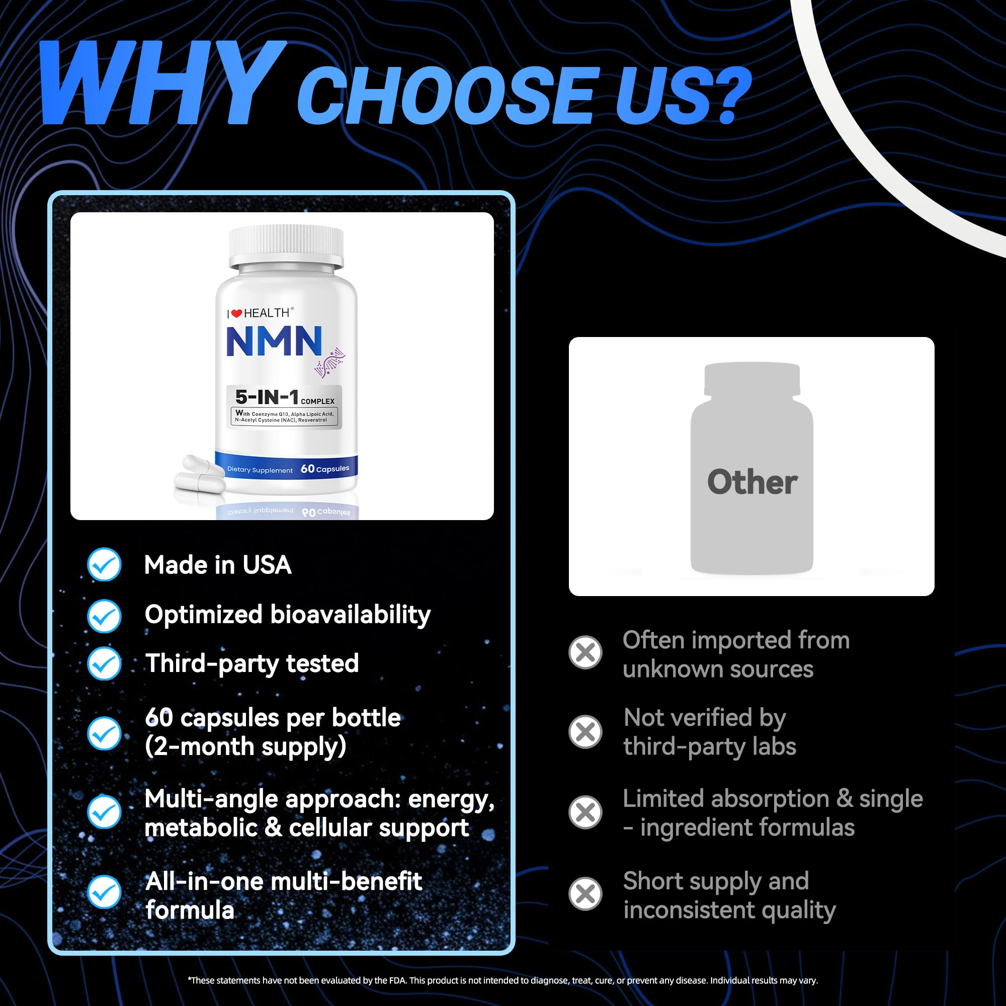 I LOVE HEALTH NMN Supplement, 5-in-1 Complex with NAC, Alpha Lipoic Acid, CoQ10 & Resveratrol - High Absorption Anti Aging Formula - Third Party Tested, cGMP, Gluten Free - 60 Capsules I LOVE HEALTHAu supplements