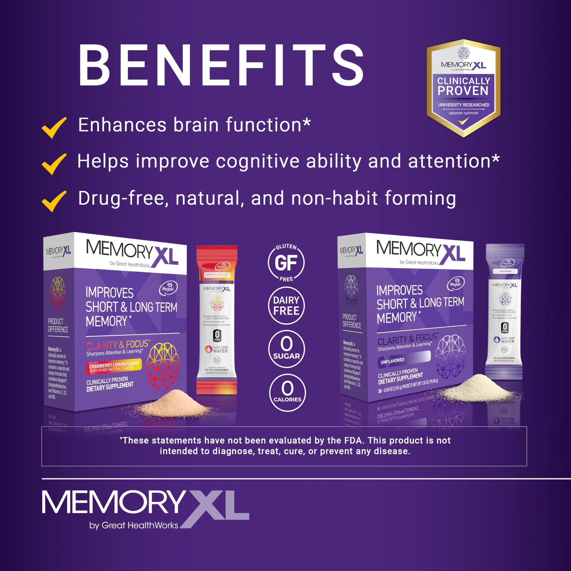 MemoryXL, Magnesium L-Threonate: Brain Supplement for Memory & Focus; Magtein®, Phosphatidylserine, Vitamin Mix. Improves Memory Focus Attention Learning & Logic. 0 Sugar, 0 cal, 30pk Cranberry Lemon OmegaXLAu supplements